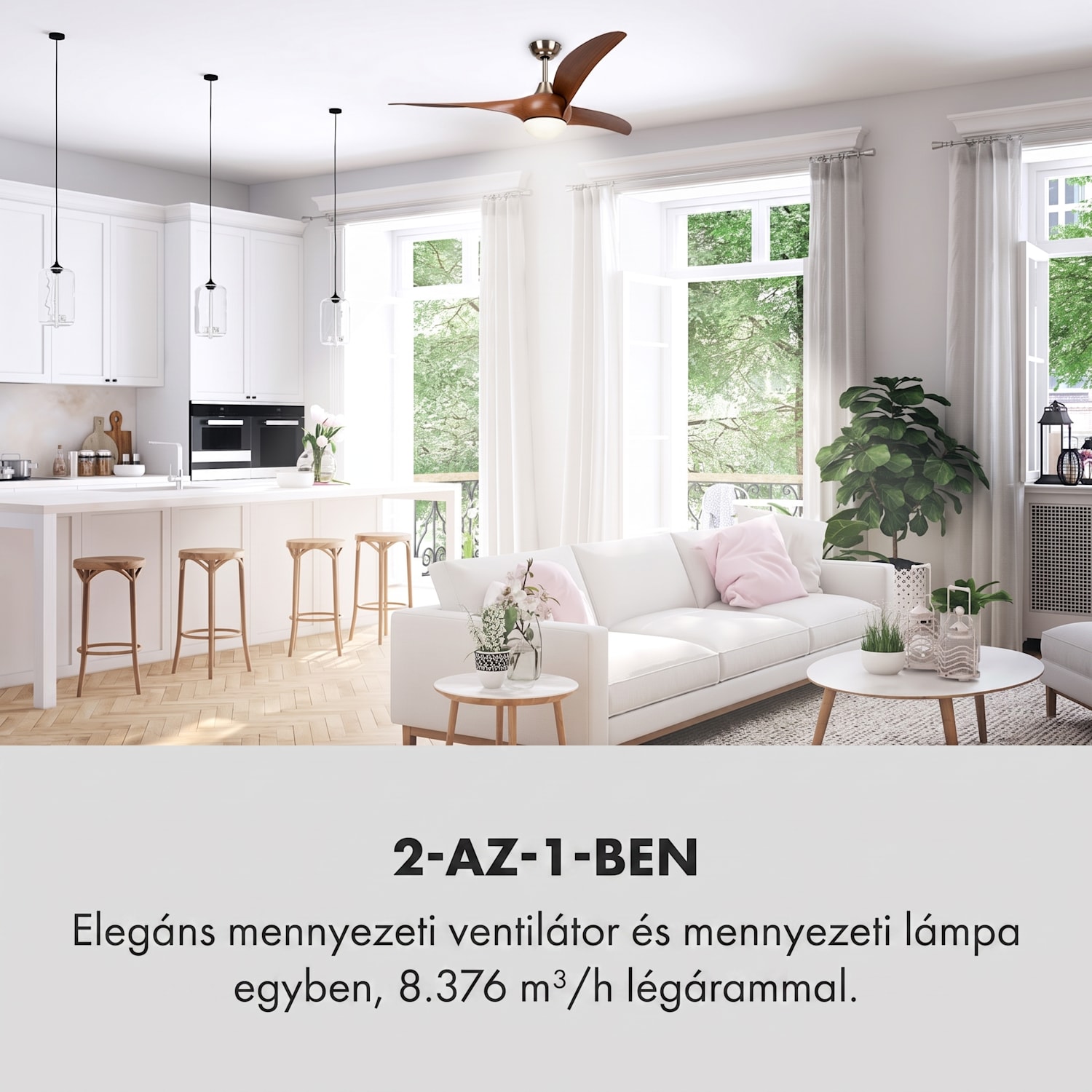 Monteverde, mennyezeti ventilátor, mennyezeti lámpa, 52", 8376  m³ /ó, 3 lapát 132 cm (13-25 m²-es szobák) | Távirányító | Diófa