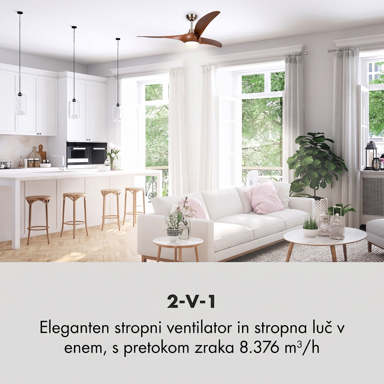 Monteverde, stropni ventilator, stropna svetilka, 52", 8376 m³/h, 3 lopatice 132 cm (sobe 13–25 m²) | Daljinski upravljalnik | Oreh