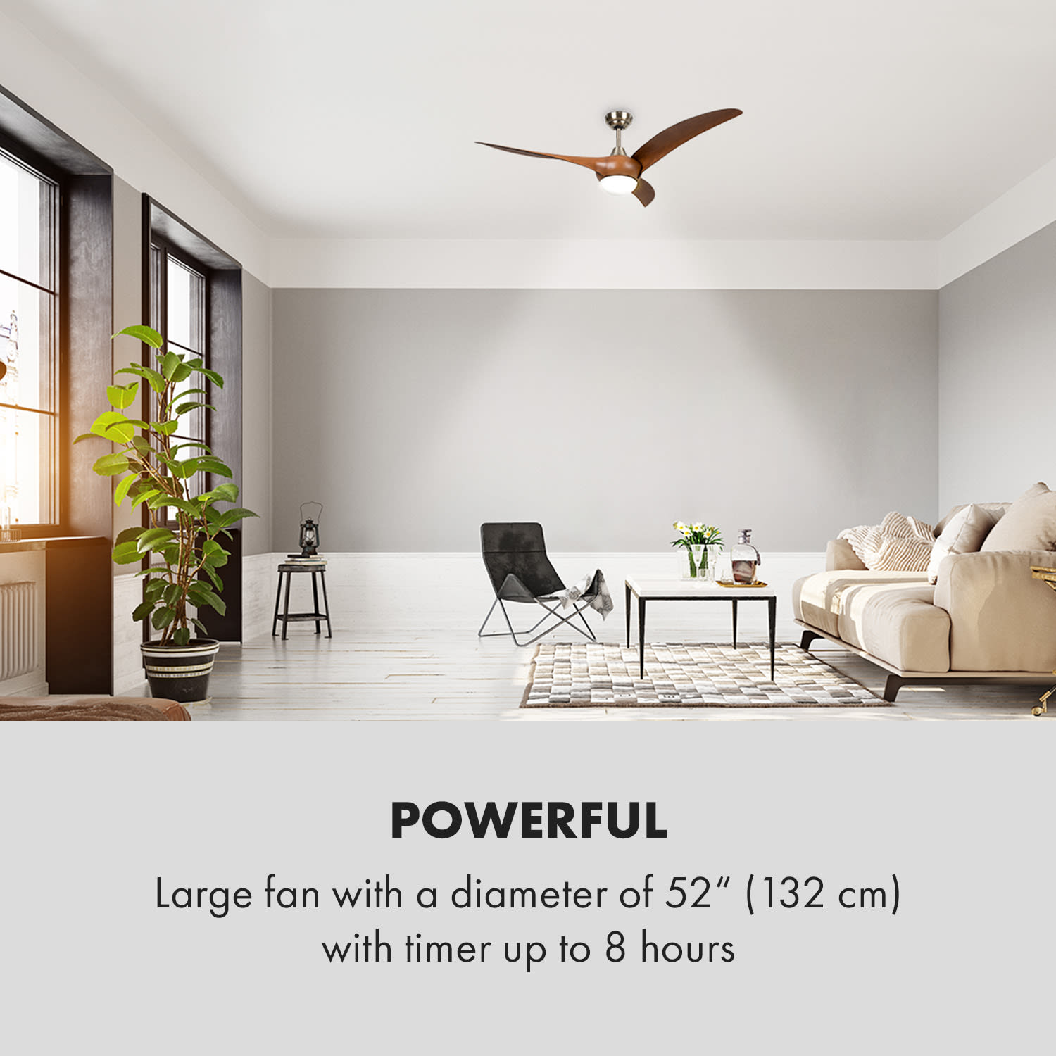 Monteverde, stropný ventilátor, stropné svetlo, 52", 8376 m³/h, 3 lopatky 132 cm (izby 13–25 m²) | Diaľkové ovládanie | Orech