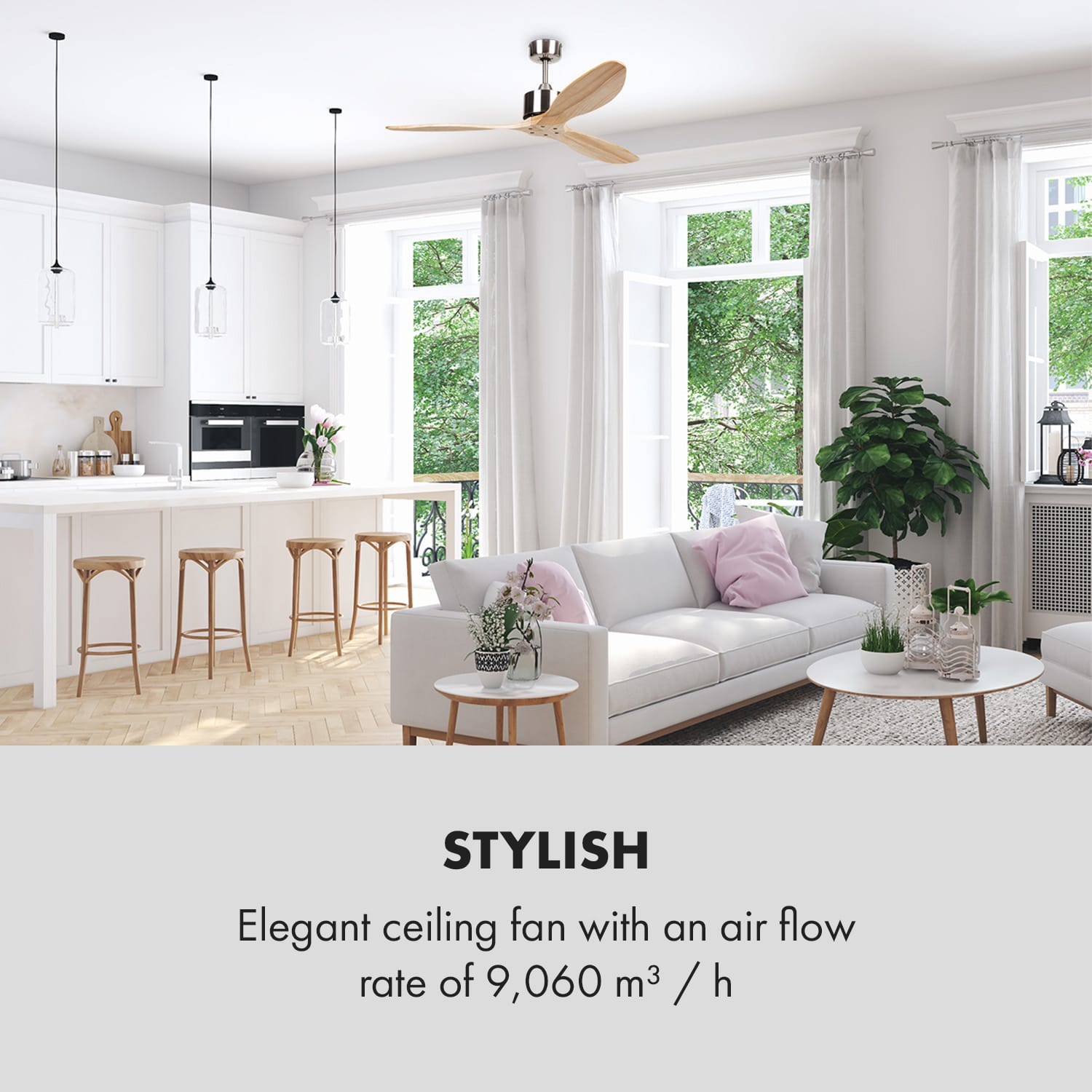 Santa Elena plafondventilator 52" 9.060m³/h 3 echt hout vleugels 132 cm (kamers 13–25 m²) | Afstandsbediening | Maple