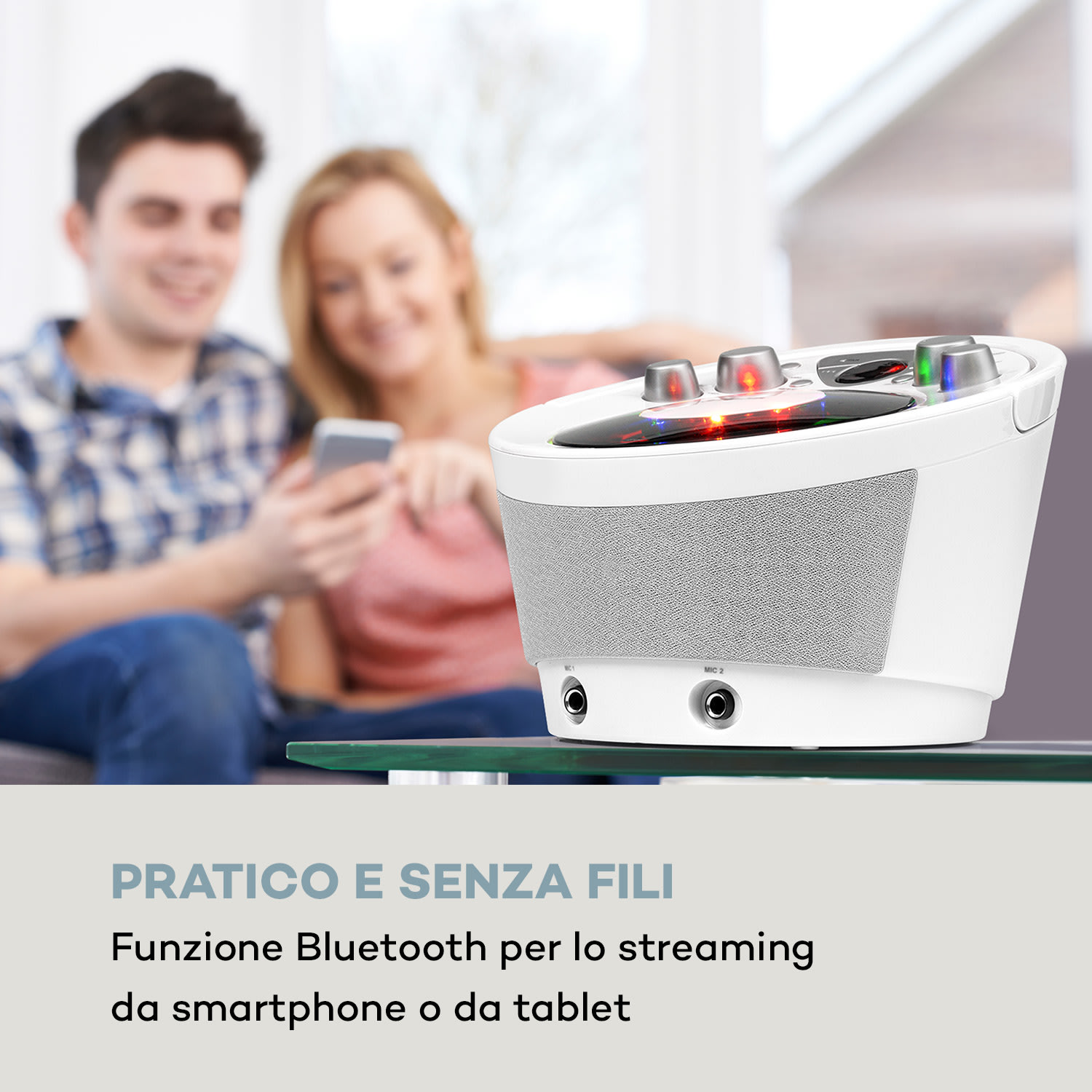 Sistema karaoke SingSing BT 2 microfoni lettore CD BT effetto luce LED mobile 