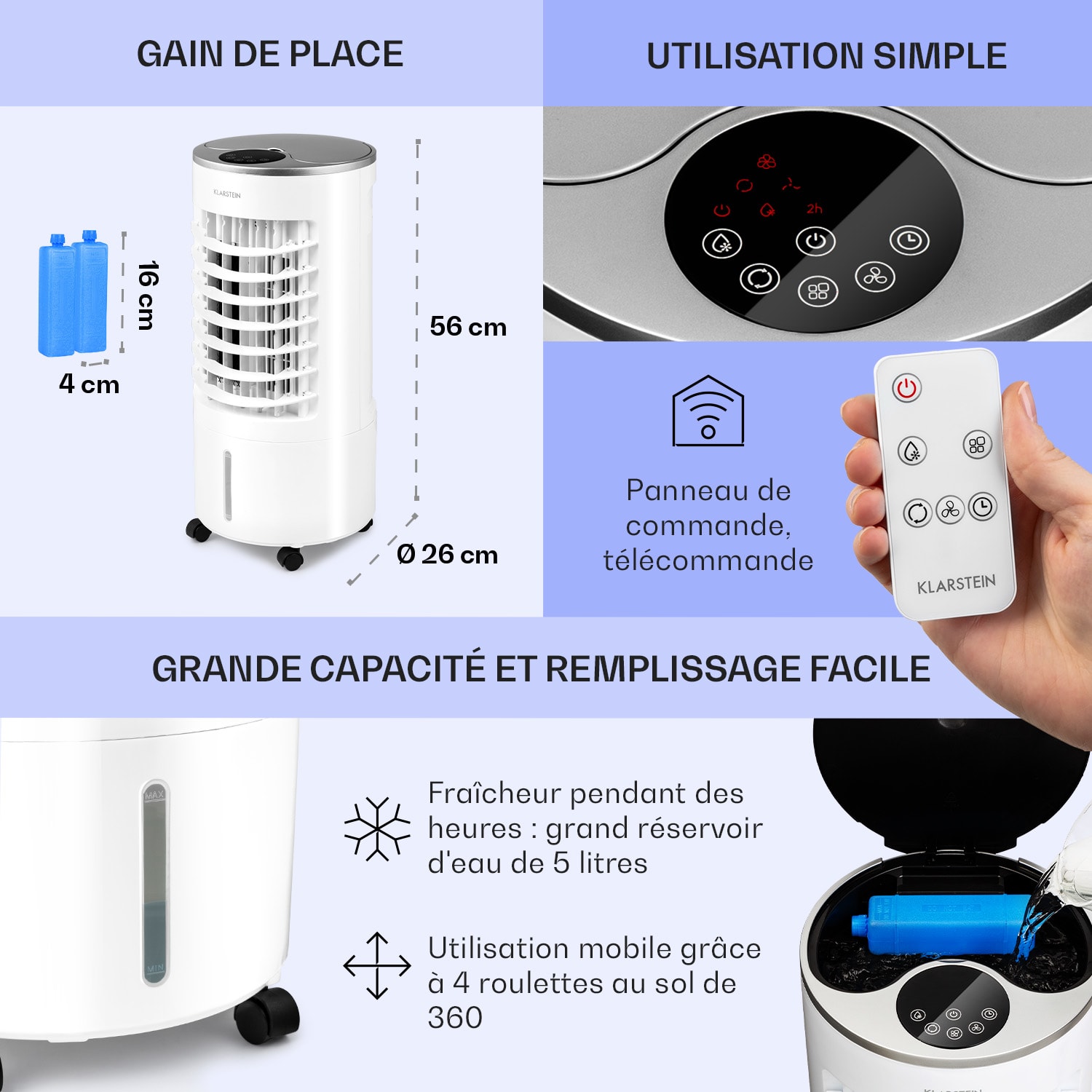 Skypillar rafraîchisseur d'air 3-en-1 ventilateur humidificateur d'air réservoir 5L télécommande panneau tactile Blanc
