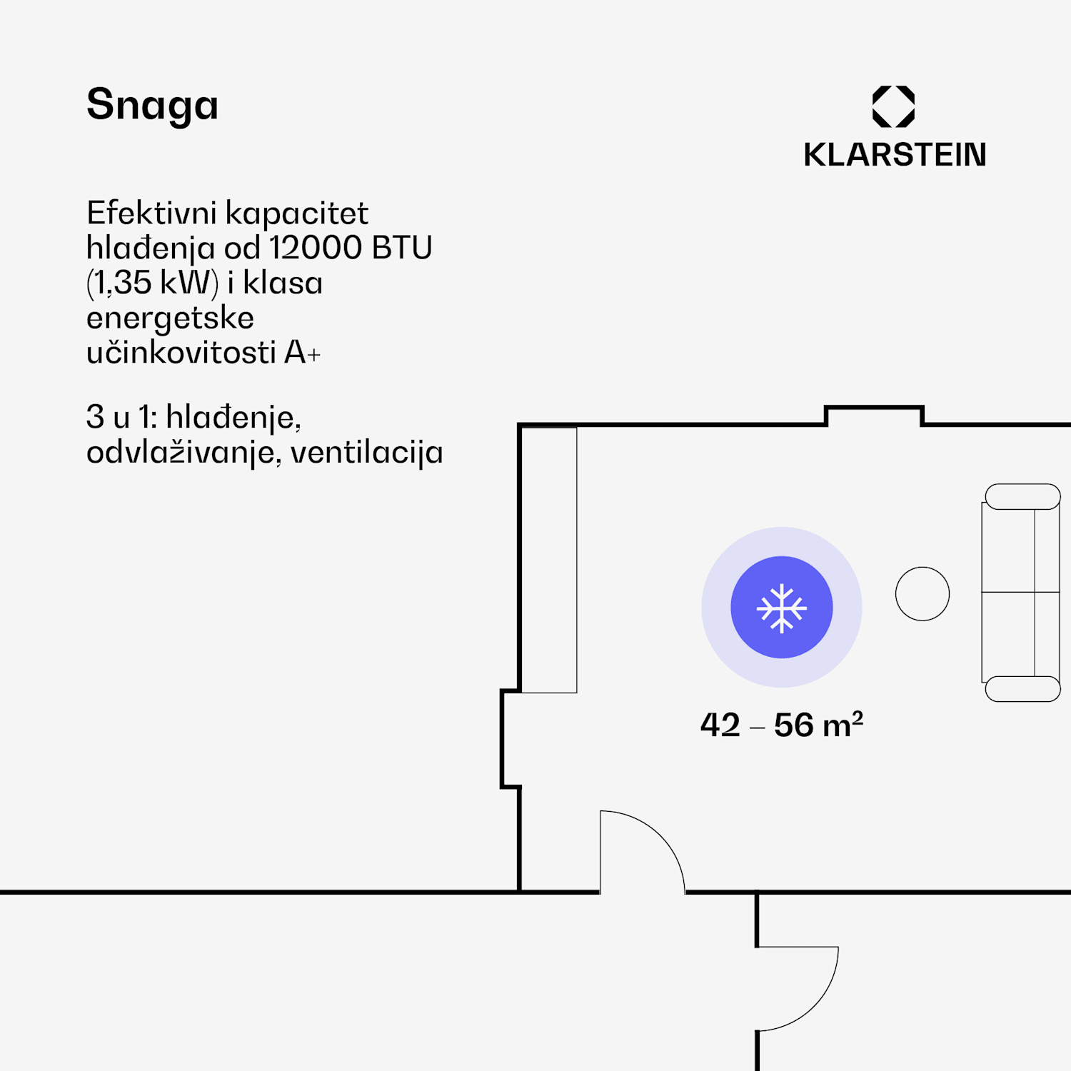 Grandbreeze Eco 12K, prijenosna klima 3 u 1, 460 m³ / h, 12.000 BTU / 1,35 kW 12.000 BTU | Crna