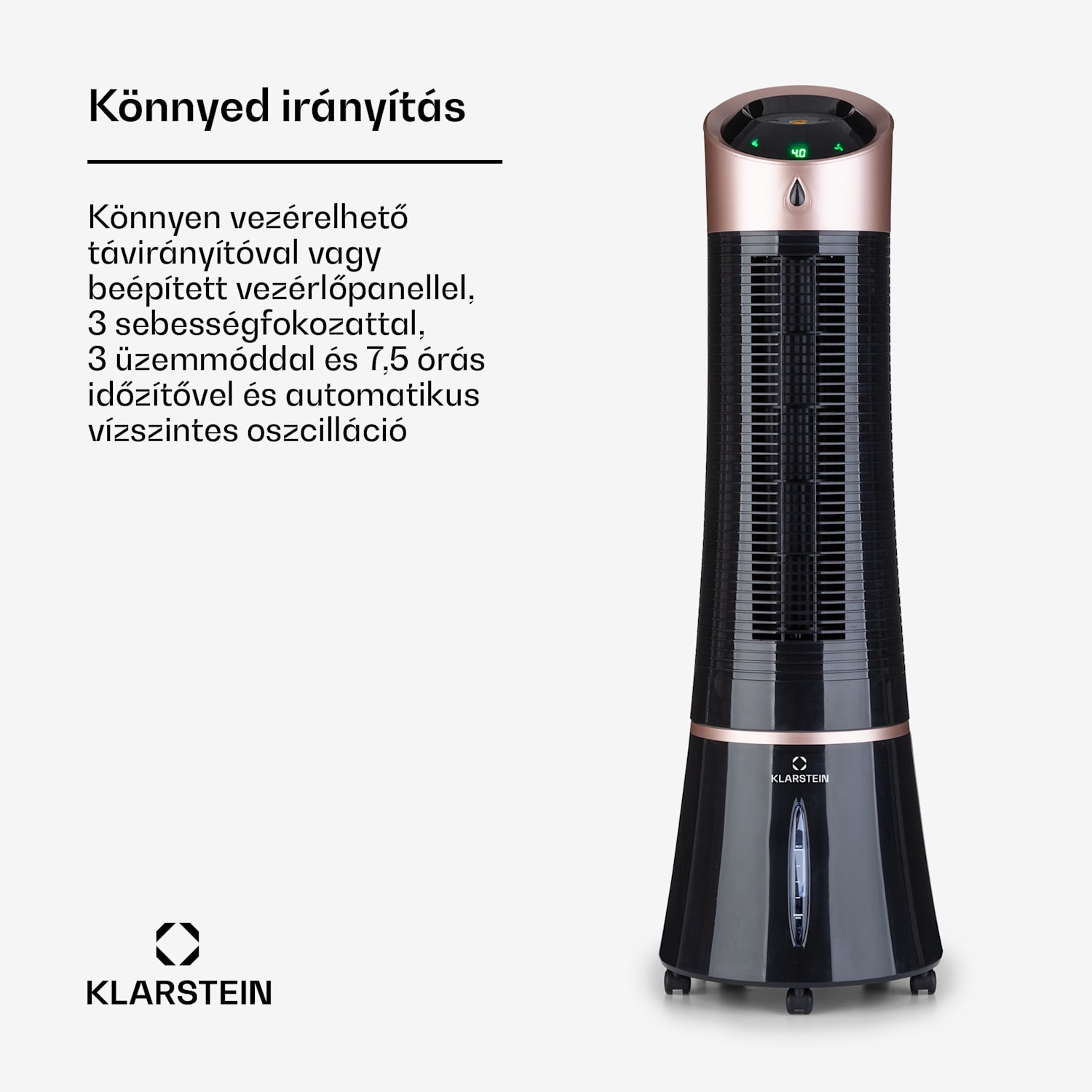 Skyscraper Ice 4 az 1-ben, léghűtő, ventilátor, 180 m³/h, 45 W, oszcilláció, mobil távirányítóval 180 m³/h | Nem | Fekete / Rózsaarany metál