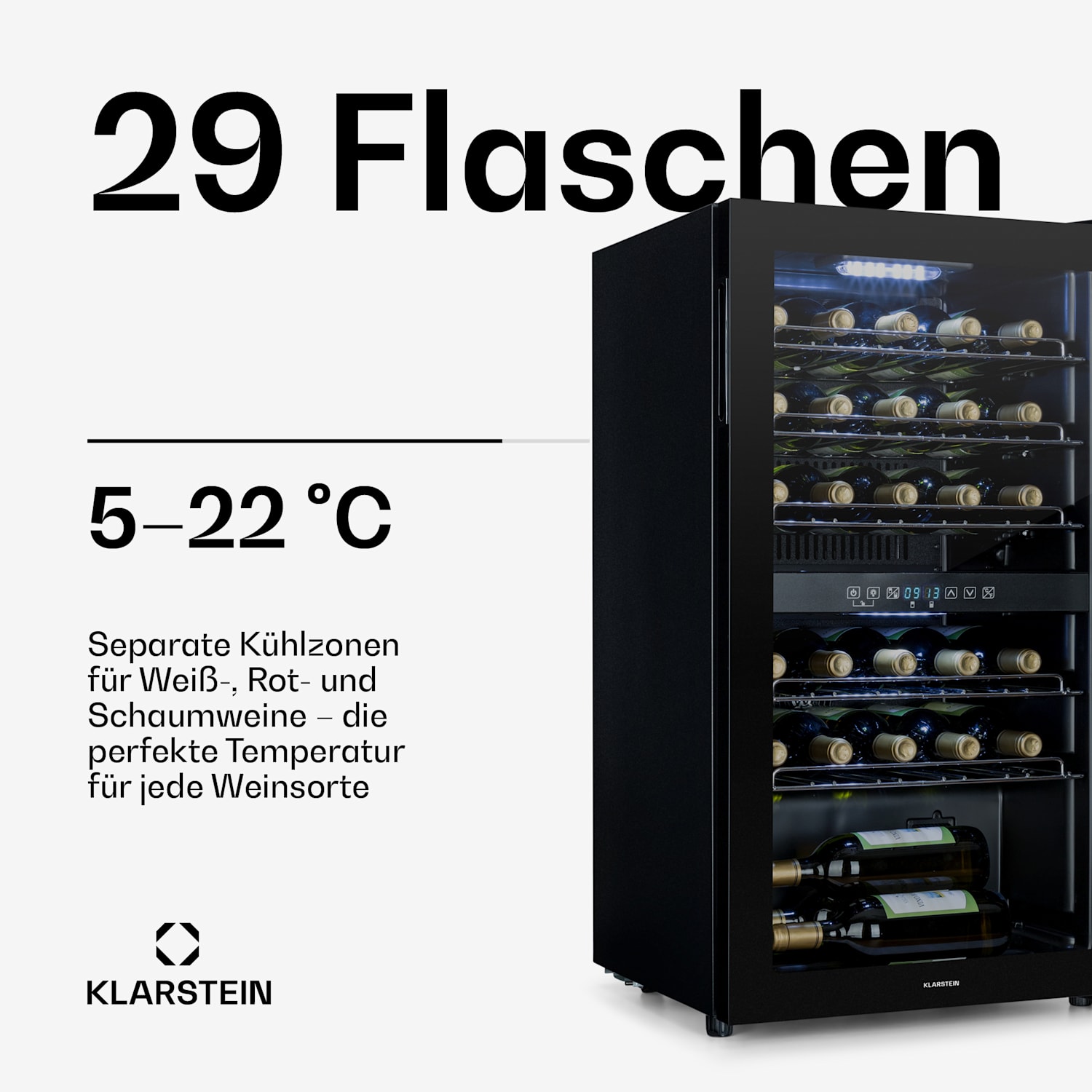 Shiraz 29 Duo Weinkühlschrank 2 Zonen 80L/29 Flaschen 5-22°C Touch 29 Flaschen | 2 Kühlzonen | Schwarz