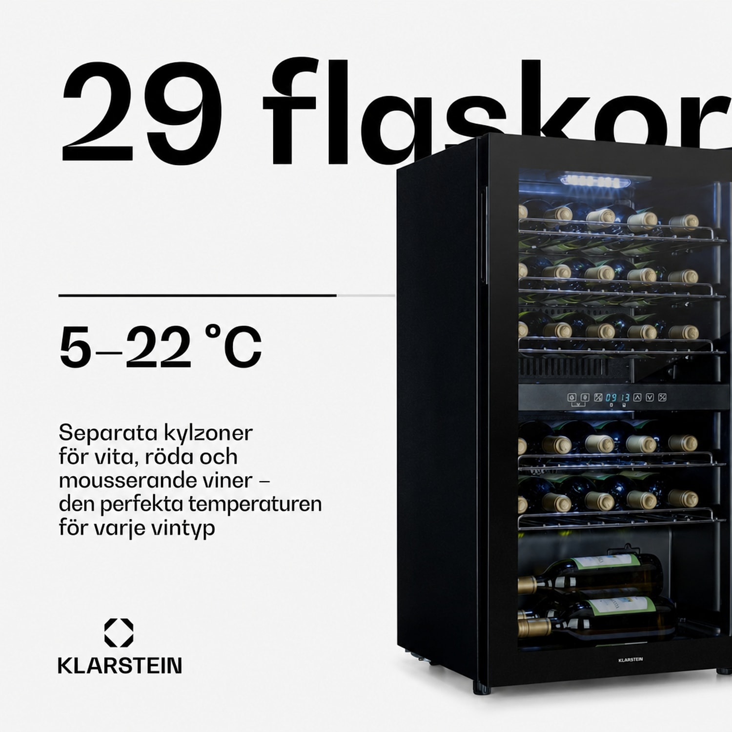 Klarstein Shiraz 29 Duo Vinkylskåp 2 zoner 80L/29 flaskor 5-22°C touch svart 