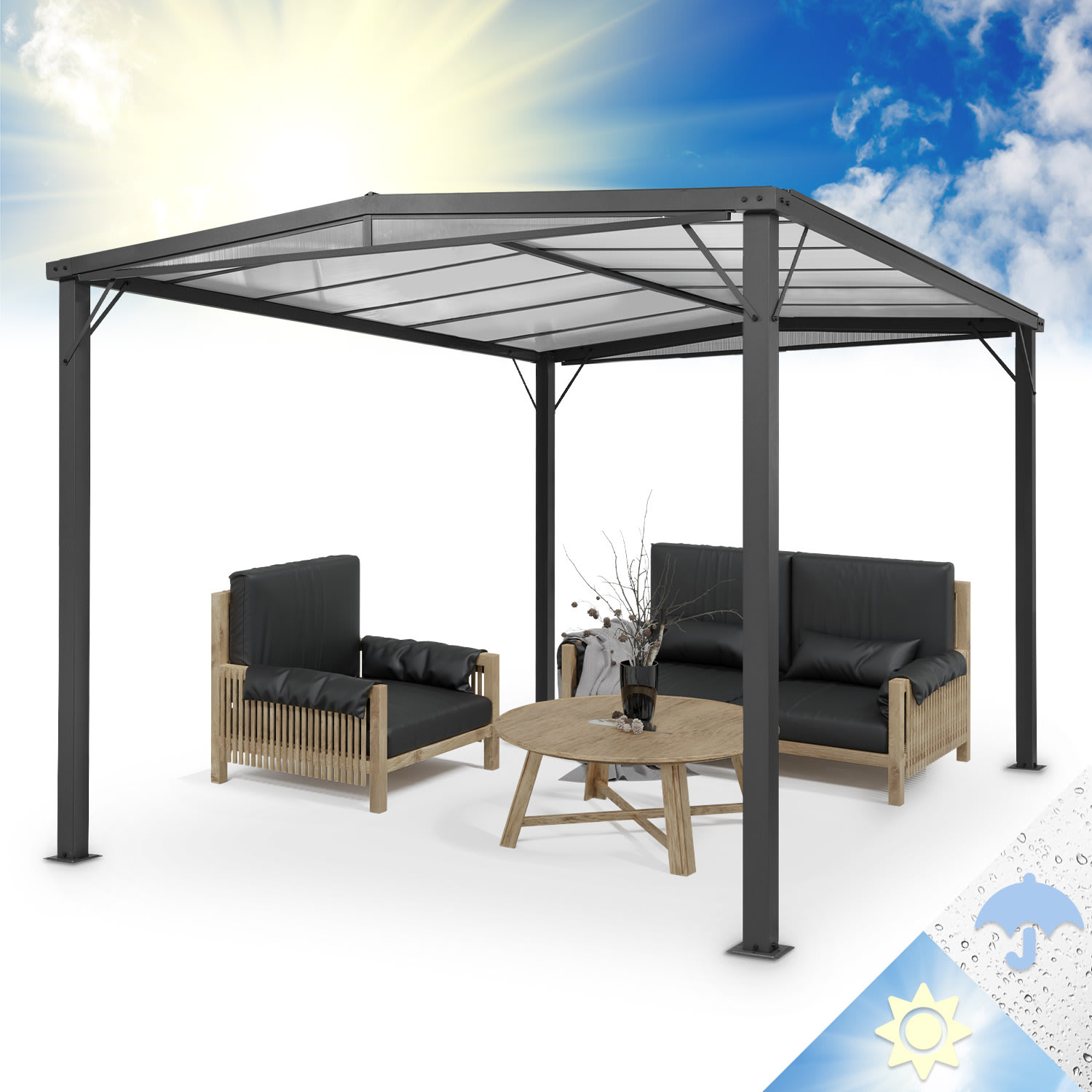 Pantheon Solid Sky Flat pergola voordak 3x4m polycarbonaat 3 x 4 m