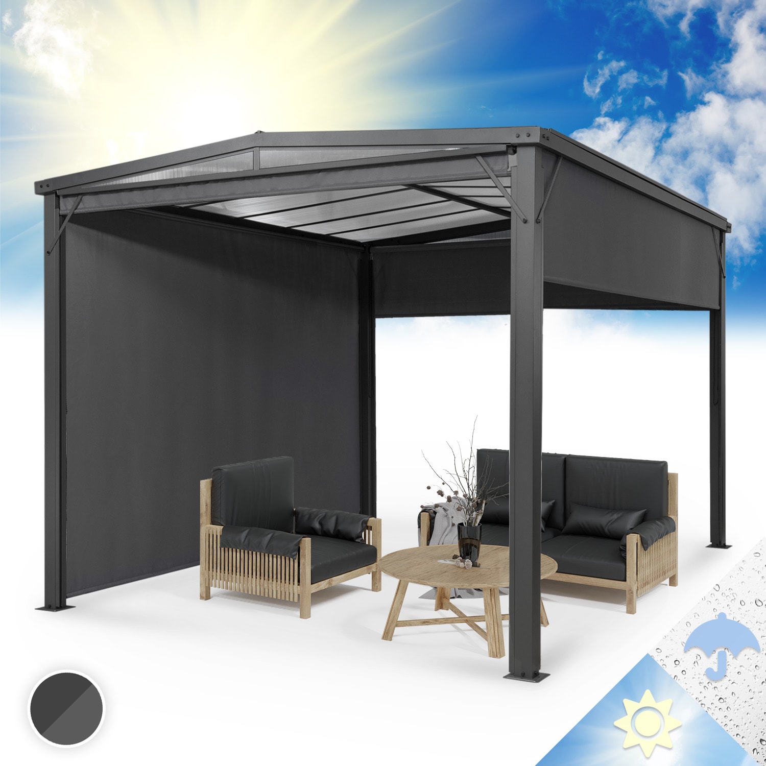 Pantheon Cortina Solid Sky, Gazebo, tettoia, 3x4 m, policarbonato 3 x 4 m | Grigio scuro