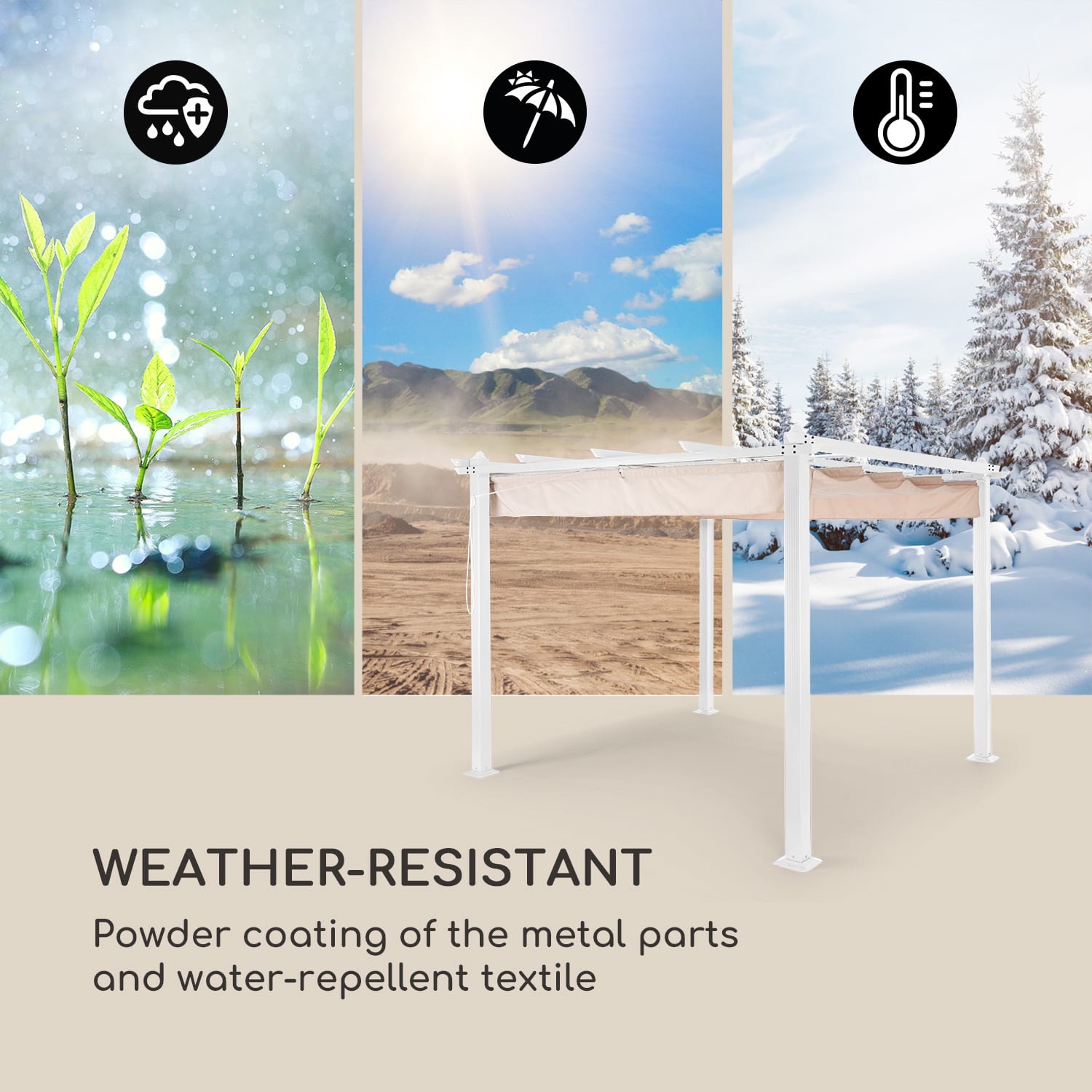 Pantheon, pergola, hliníková štvorhranná rúrka, 3 × 3 m, 4 rohové stĺpiky, nepremokavá