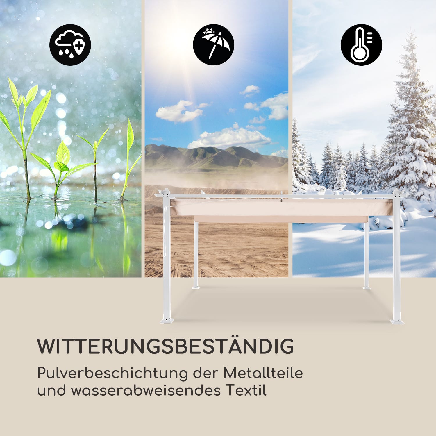 Pantheon Pergola Aluminiumkantrohr 3x4m 4 Eckpfosten  wasserabweisend 3 x 4 m | Weiß | Weiß / Sand
