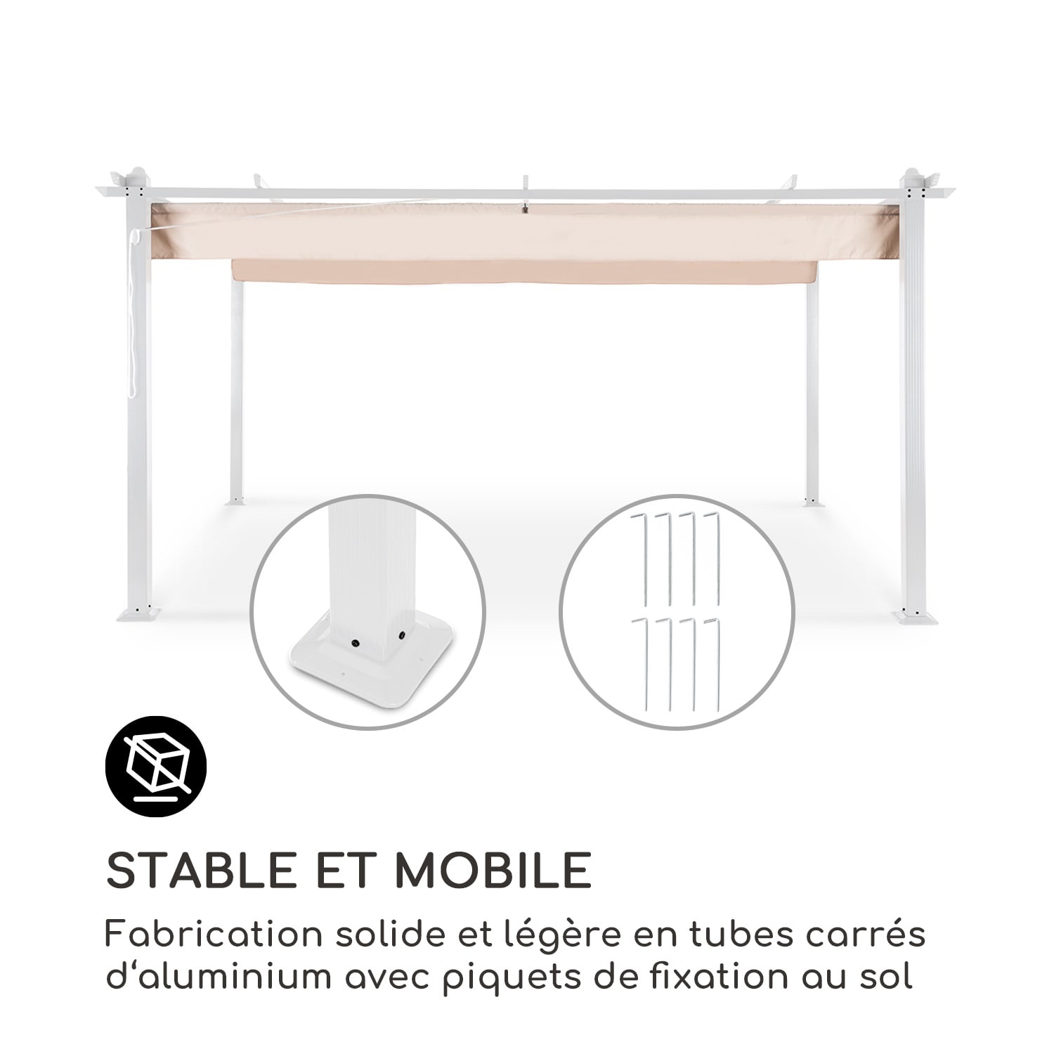 Pantheon Pergola tubes carrés d'aluminium 3x4 m 4 poteaux d'angle hydrofuge 3 x 4 m | Blanc | Blanc / Sable