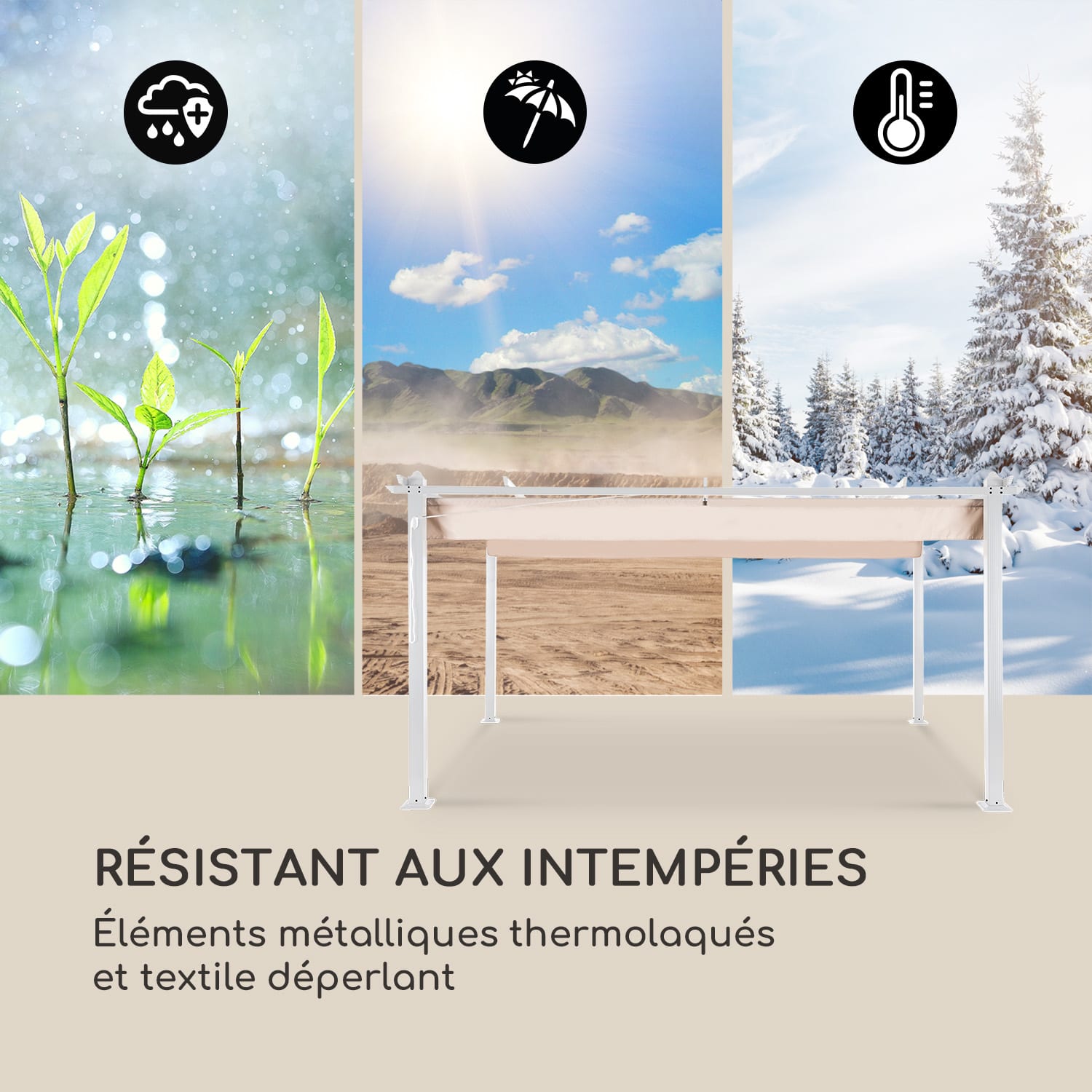 Pantheon Pergola tubes carrés d'aluminium 3x4 m 4 poteaux d'angle hydrofuge 3 x 4 m | Blanc | Blanc / Sable