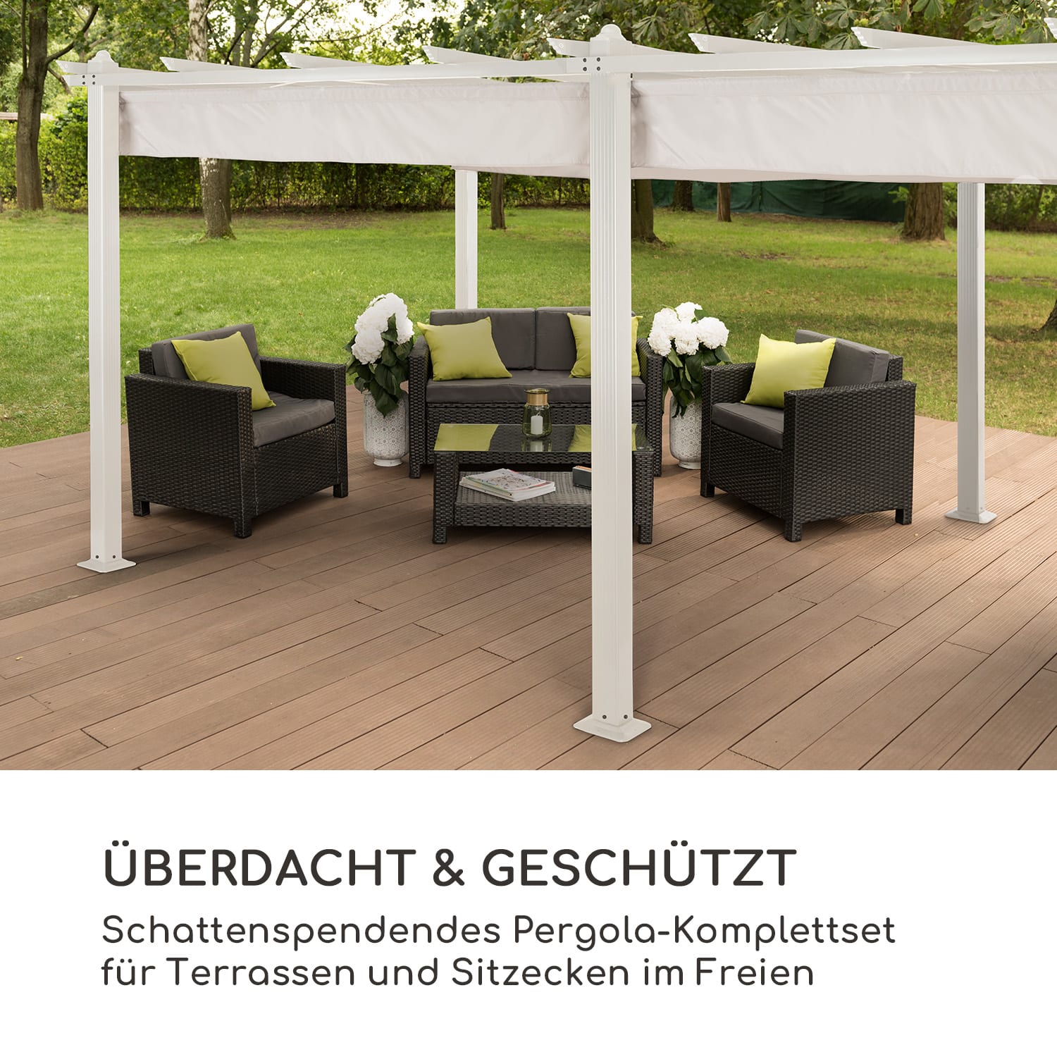 Pantheon Pergola Aluminiumkantrohr 3x6m 4 Eckpfosten  wasserabweisend 3 x 6 m | Weiß | Weiß / Taubengrau