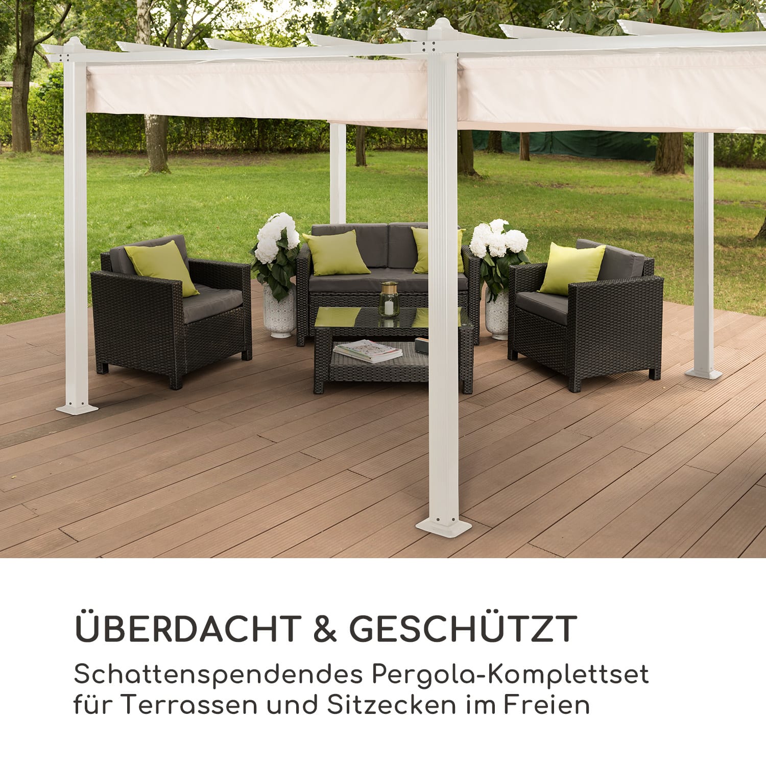 Pantheon Pergola Aluminiumkantrohr 3x6m 4 Eckpfosten  wasserabweisend 3 x 6 m | Weiß | Weiß / Sand