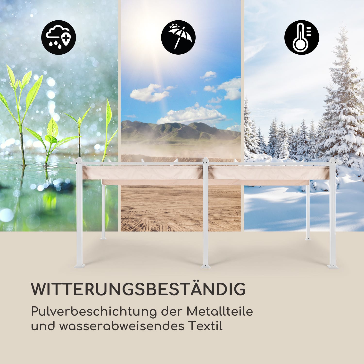 Pantheon Pergola Aluminiumkantrohr 3x6m 4 Eckpfosten  wasserabweisend 3 x 6 m | Weiß | Weiß / Sand