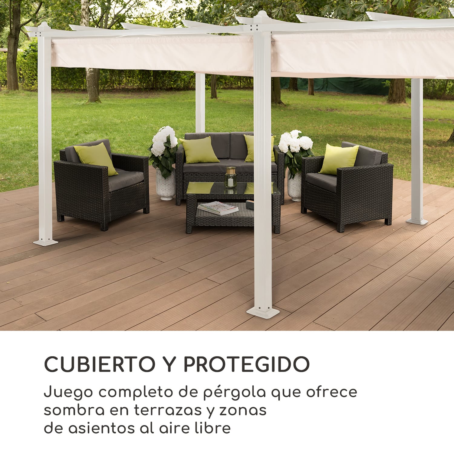 Pérgola Pantheon tubos de aluminio cuadrados 3x6m 4 postes esquineros impermeable 3 x 6 m | Blanco | Blanco / Arena