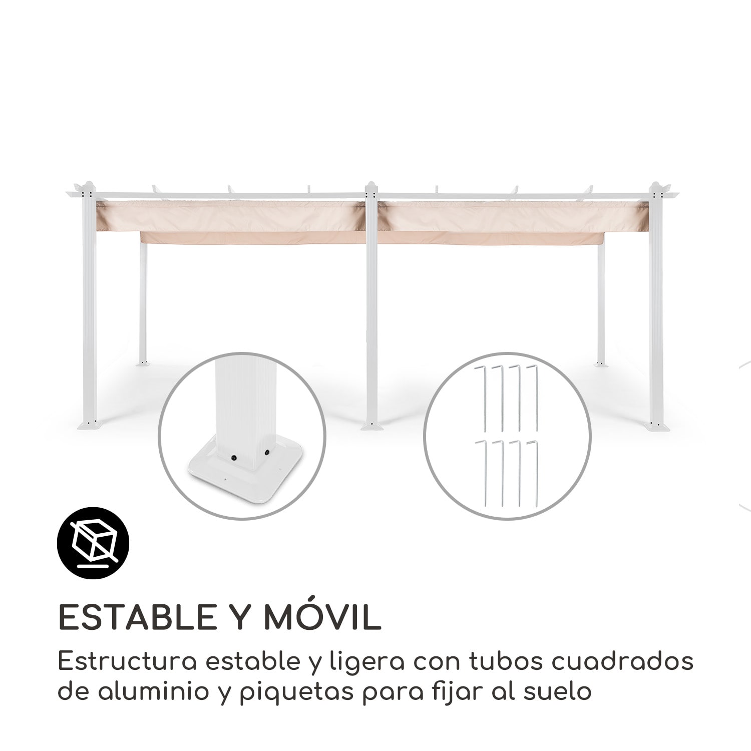 Pérgola Pantheon tubos de aluminio cuadrados 3x6m 4 postes esquineros impermeable 3 x 6 m | Blanco | Blanco / Arena