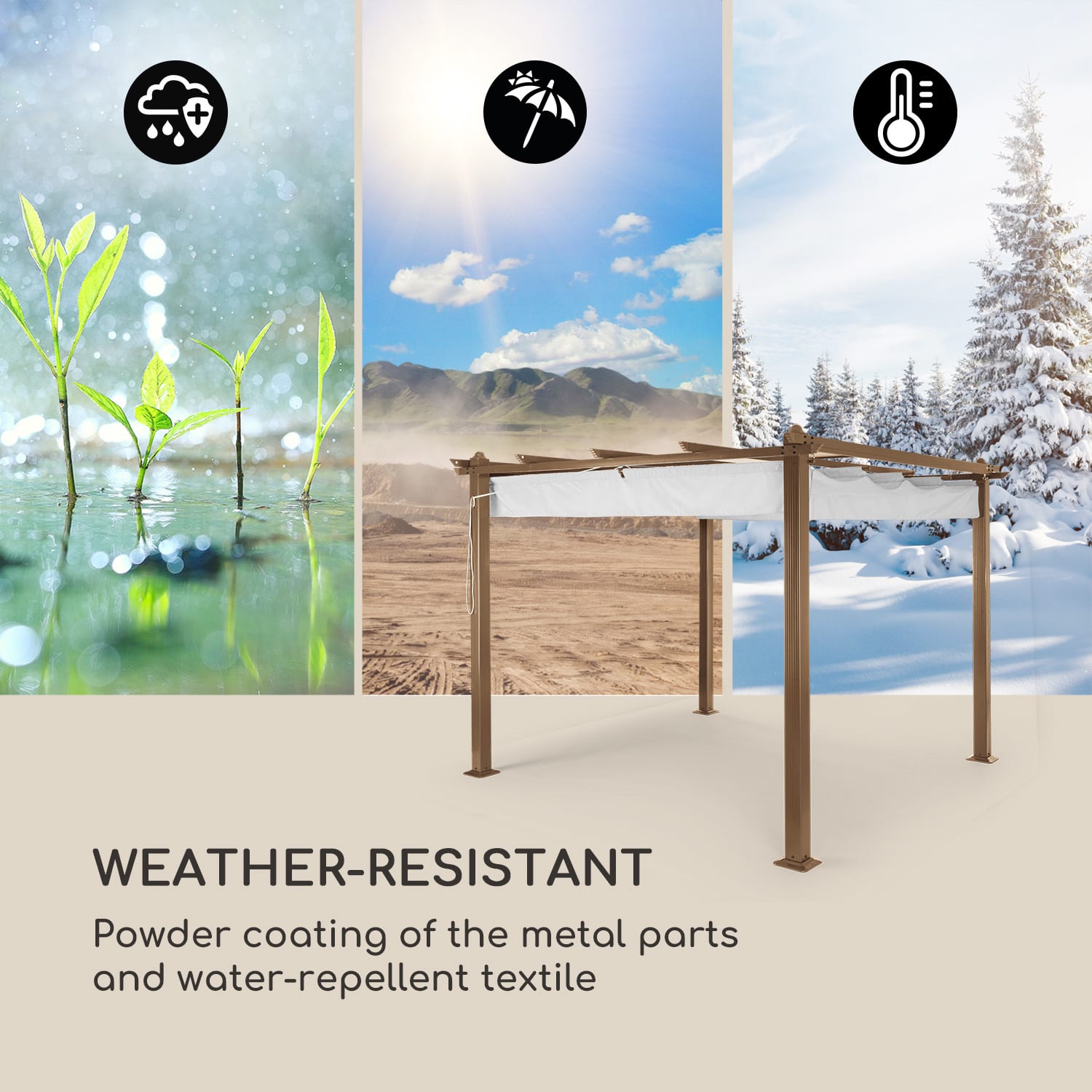 Pantheon Rust, pergola, profile aluminiowe, 3 x 3 m, 4 nogi, tkanina wodoodporna 3 x 3 m | Ziemisty brąz / biel