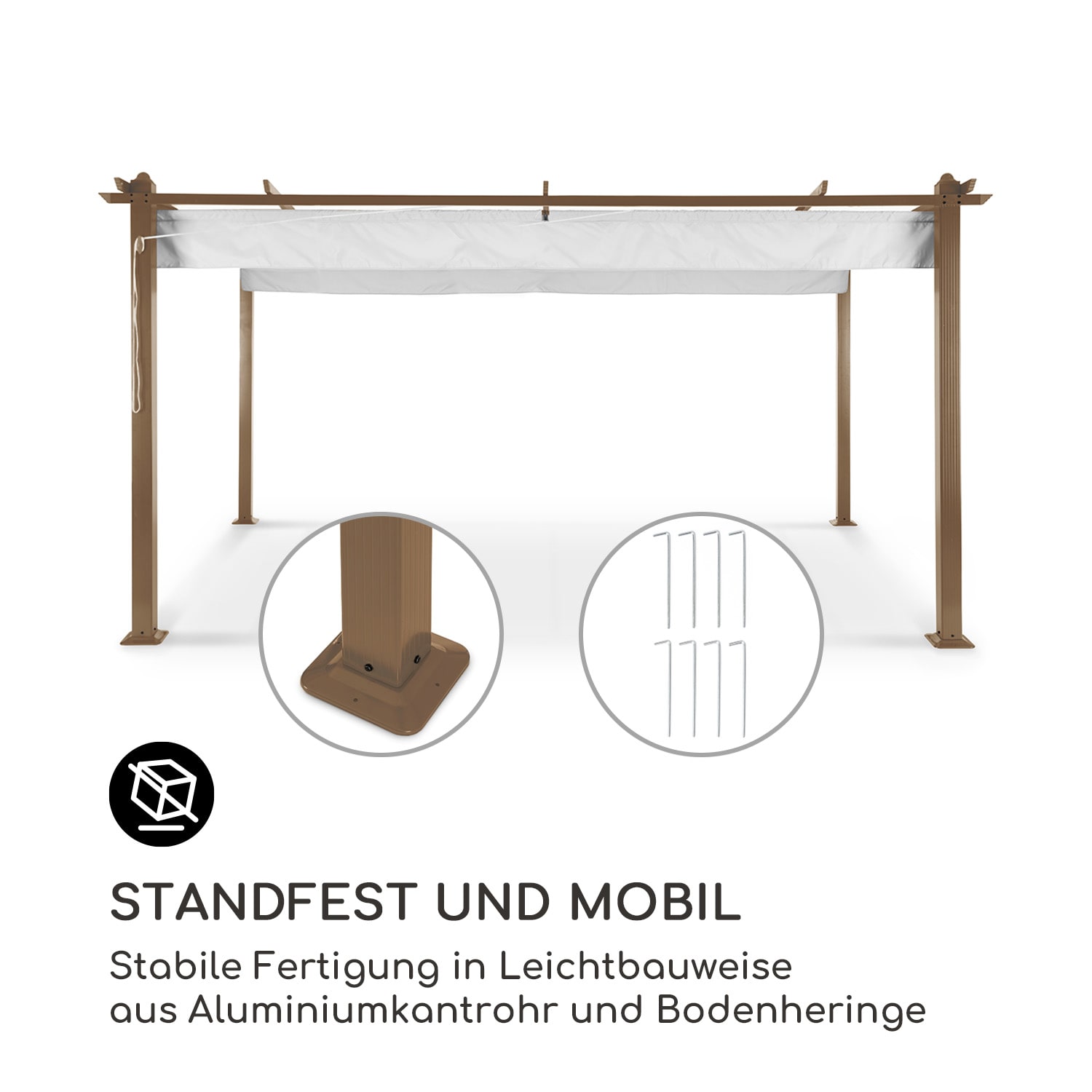 Pantheon Rust Pergola Aluminium 3x4m 6 Eckpfosten wasserabweisend 3 x 4 m | Erdbraun / Weiß