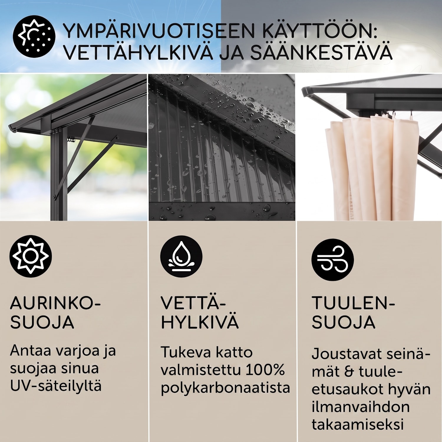 Pantheon Solid Sky Ambient Solar, paviljonki, harmaalla katoksella, 3 x 3 m, polykarbonaattia, alumiinia 3 x 3 m | Musta