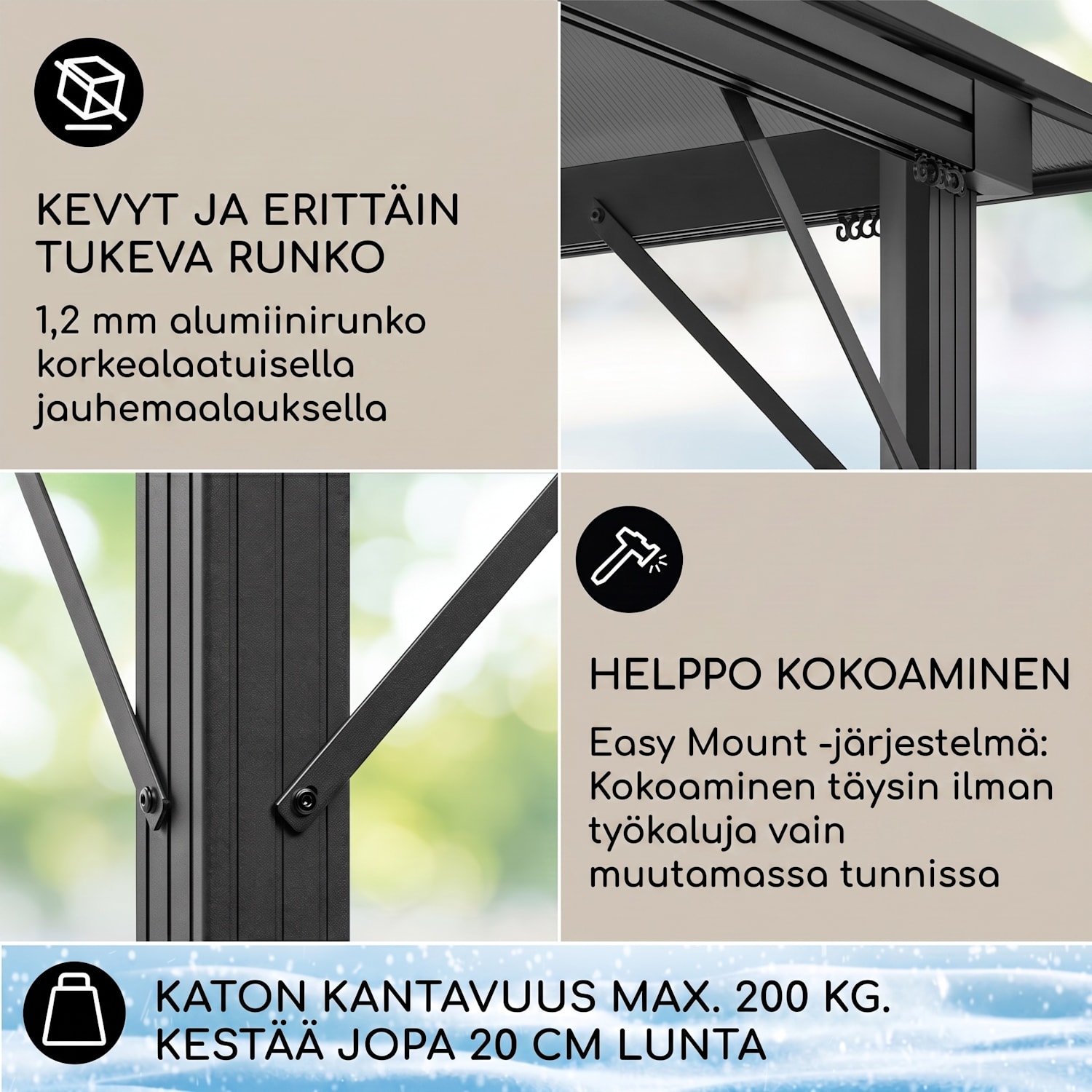 Pantheon Solid Sky Ambient Solar, paviljonki, harmaalla katoksella, 3 x 3 m, polykarbonaattia, alumiinia 3 x 3 m | Musta