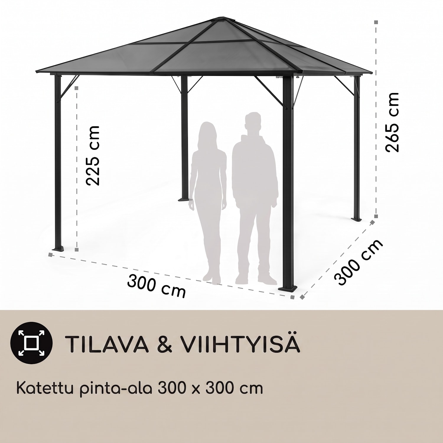 Pantheon Solid Sky Ambient Solar, paviljonki, harmaalla katoksella, 3 x 3 m, polykarbonaattia, alumiinia 3 x 3 m | Musta