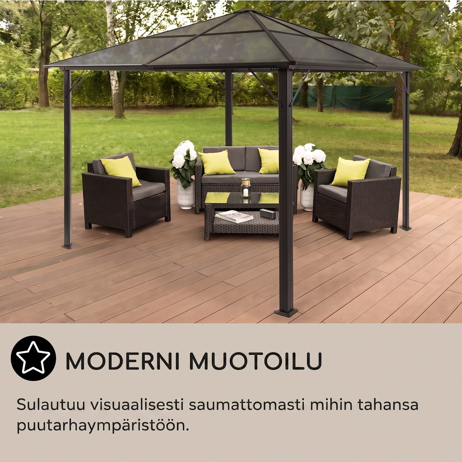 Pantheon Solid Sky Ambient Solar, paviljonki, harmaalla katoksella, 3 x 3 m, polykarbonaattia, alumiinia 3 x 3 m | Musta