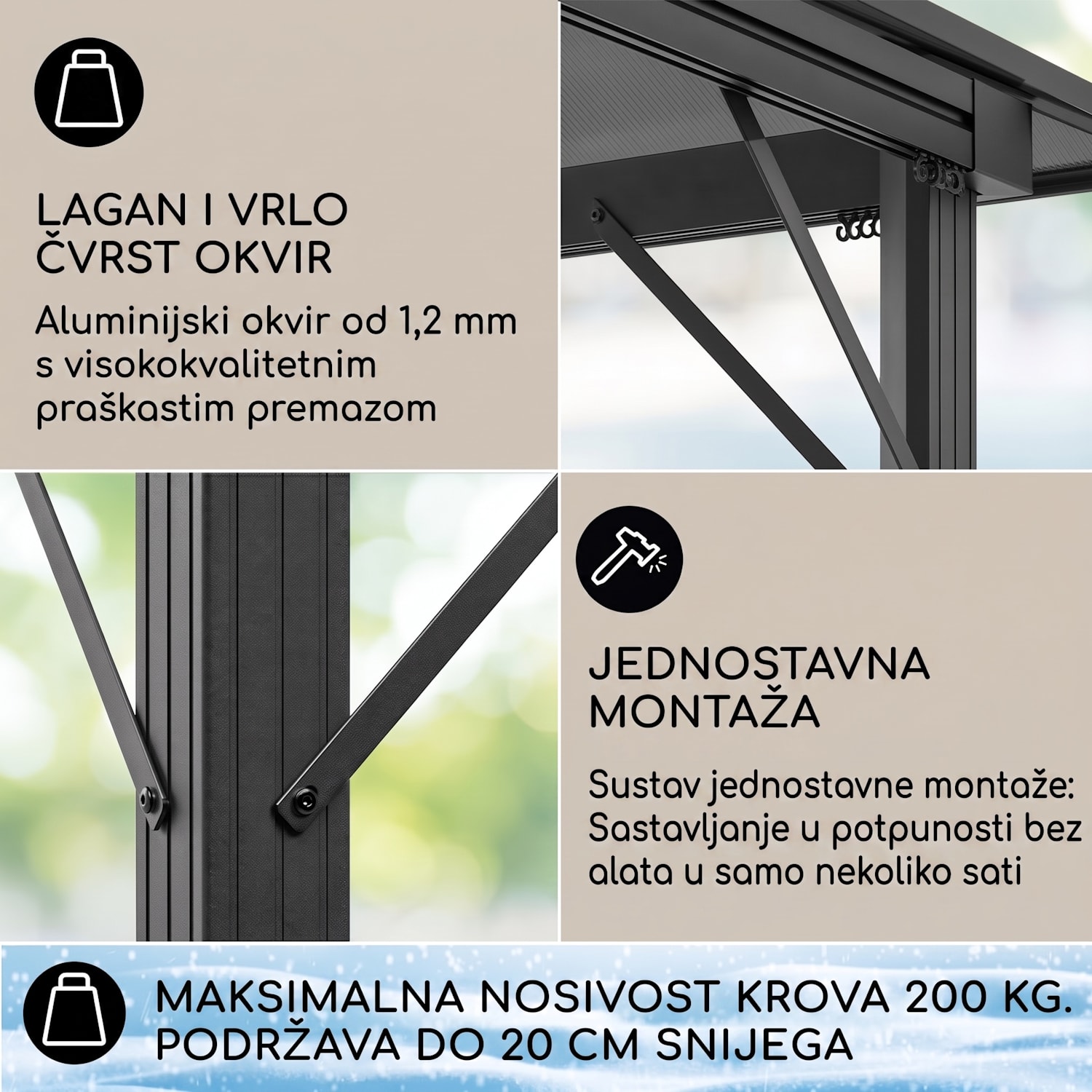 Panteon Solid Sky Ambient Solar, sjenica s nadstrešnicom, 3 × 3 m, polikarbonat, aluminij 3 x 3 m | Crna