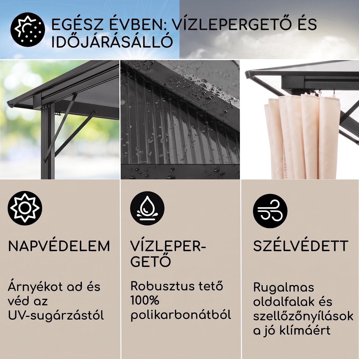 Pantheon Solid Sky Ambient Solar, pavilon szürke tetővel, 3 × 3 m, polikarbonát, alumínium 3 x 3 m | Fekete