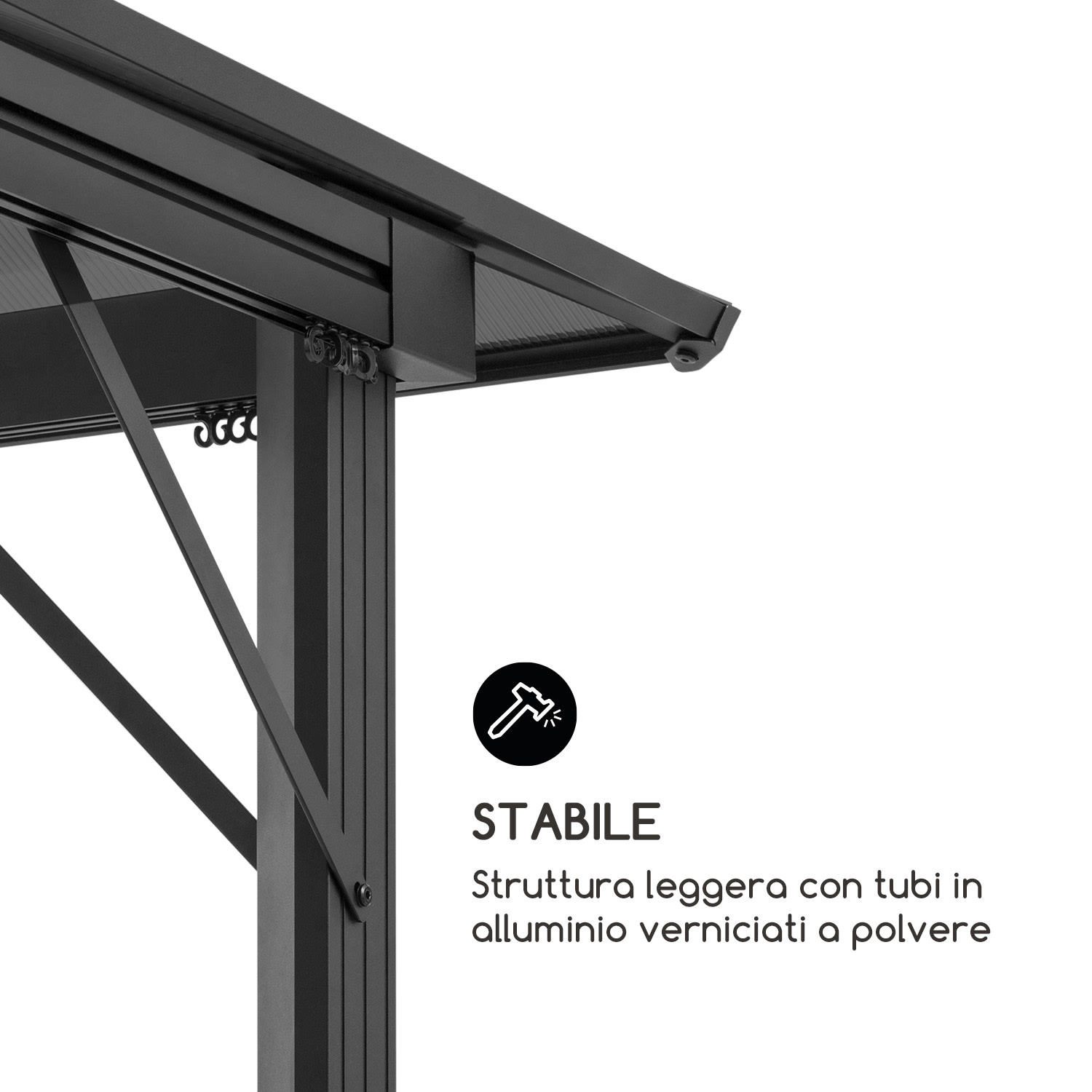 Pantheon Solid Sky Ambient Solar, Gazebo con tetto grigio, 3x3m, policarbonato, alluminio 3 x 3 m | Preto