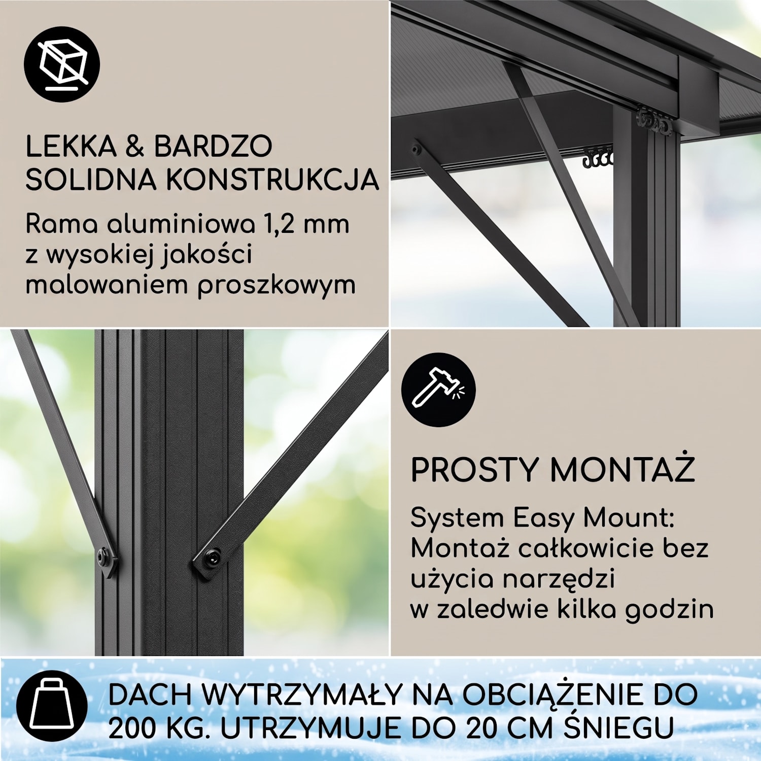 Pantheon Solid Sky Ambient Solar, altana z szarym dachem, 3 x 3 m, poliwęglan, aluminium 3 x 3 m | Czarny