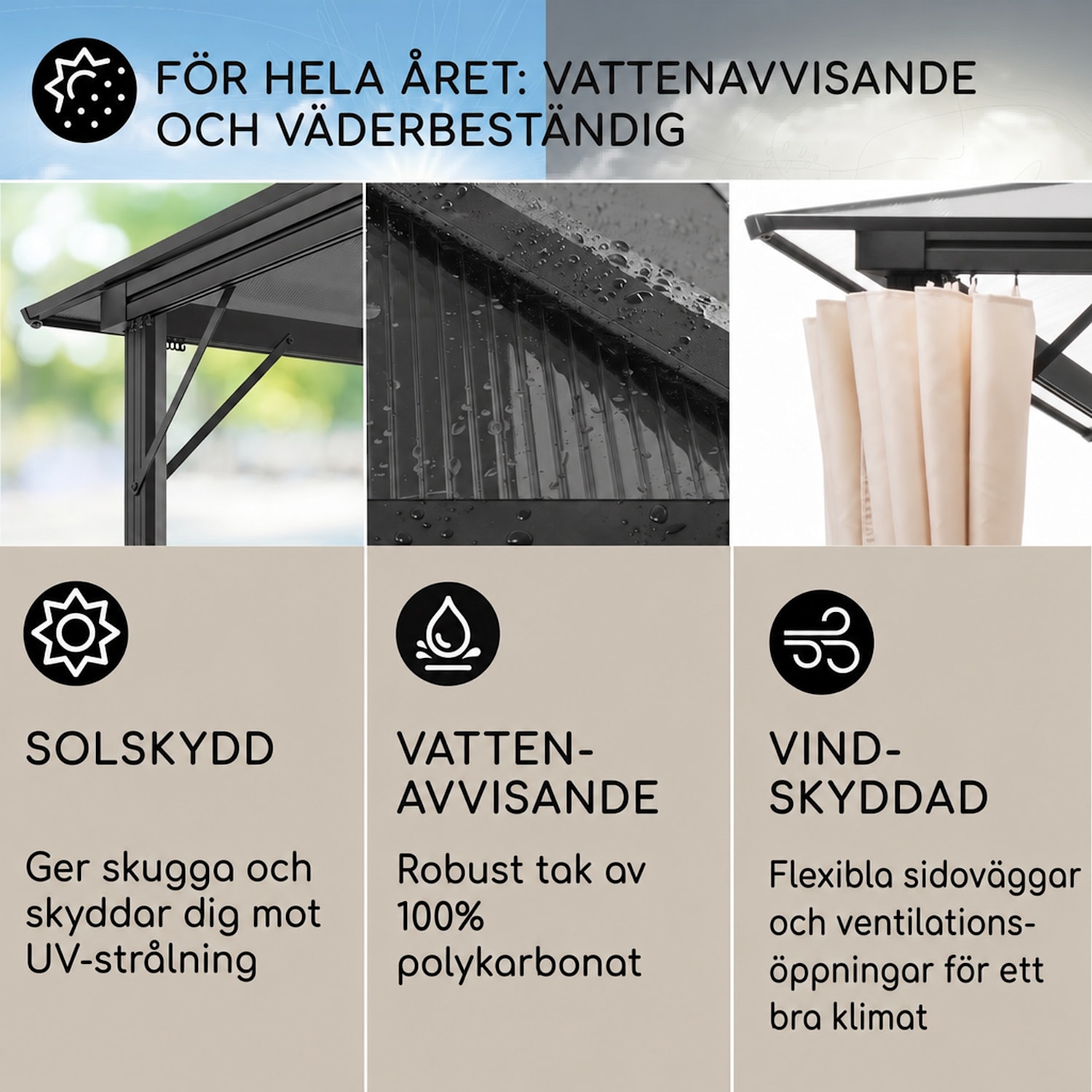 Pantheon Solid Sky Ambient Solar paviljong med grått tak 3x3m polykarbonat aluminium 3 x 3 m | Svart