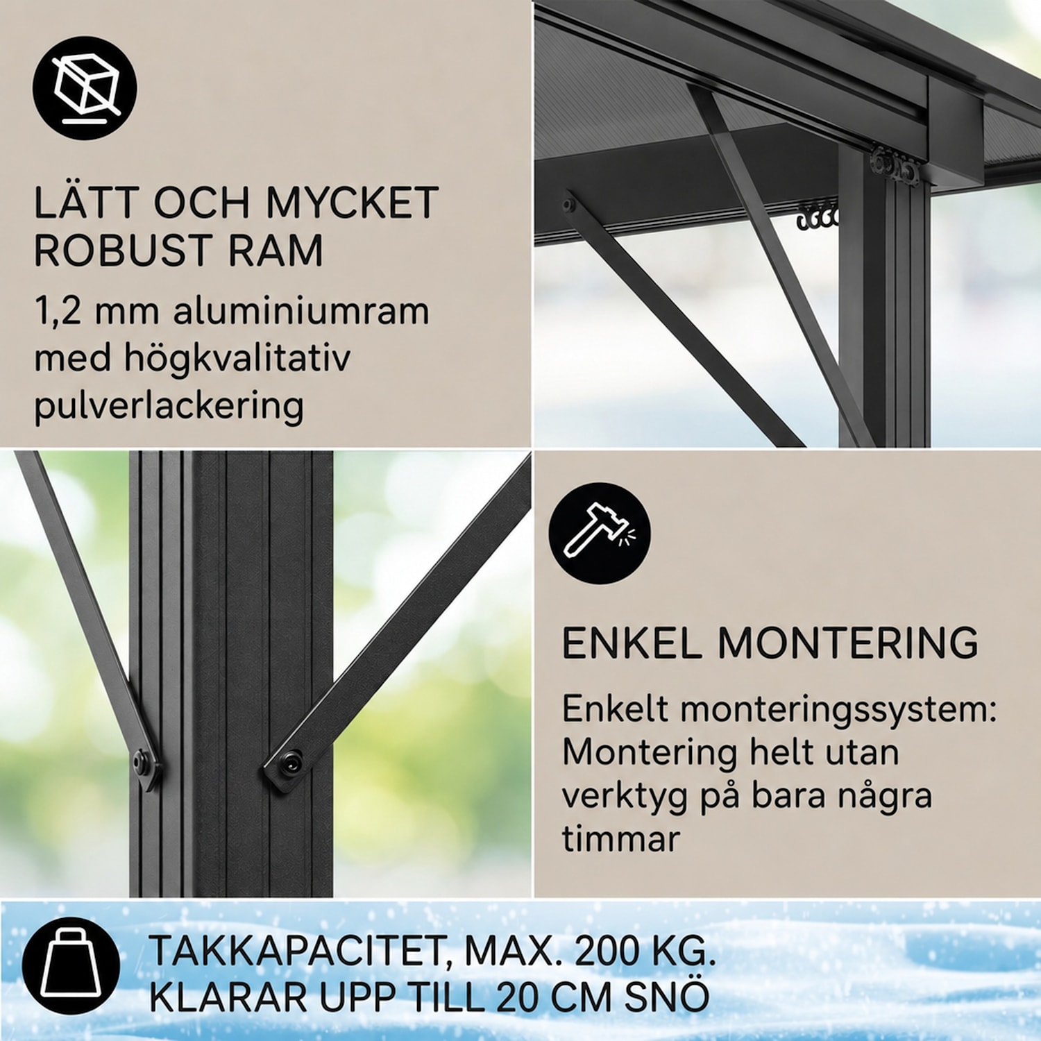 Pantheon Solid Sky Ambient Solar paviljong med grått tak 3x3m polykarbonat aluminium 3 x 3 m | Svart