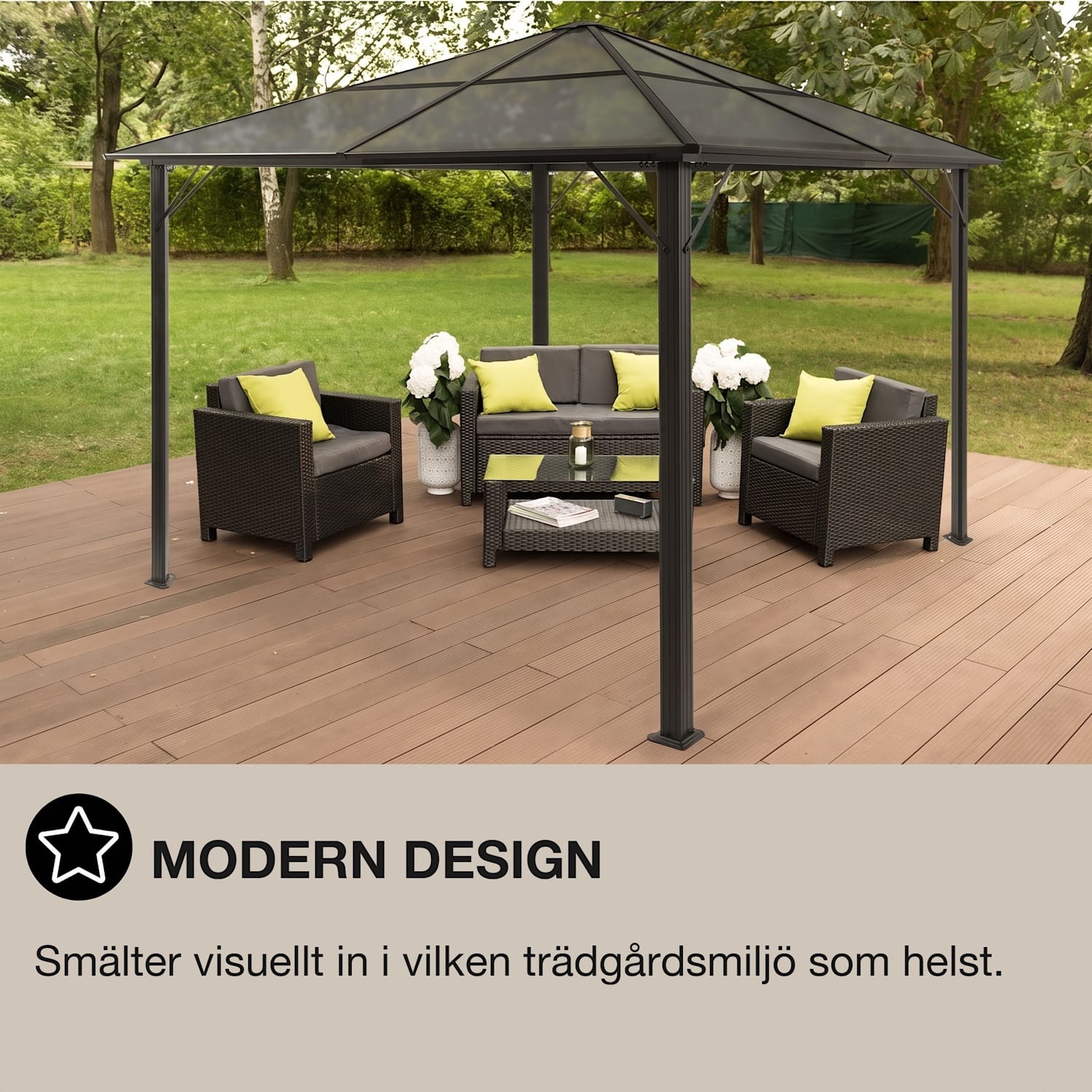 Pantheon Solid Sky Ambient Solar paviljong med grått tak 3x3m polykarbonat aluminium 3 x 3 m | Svart