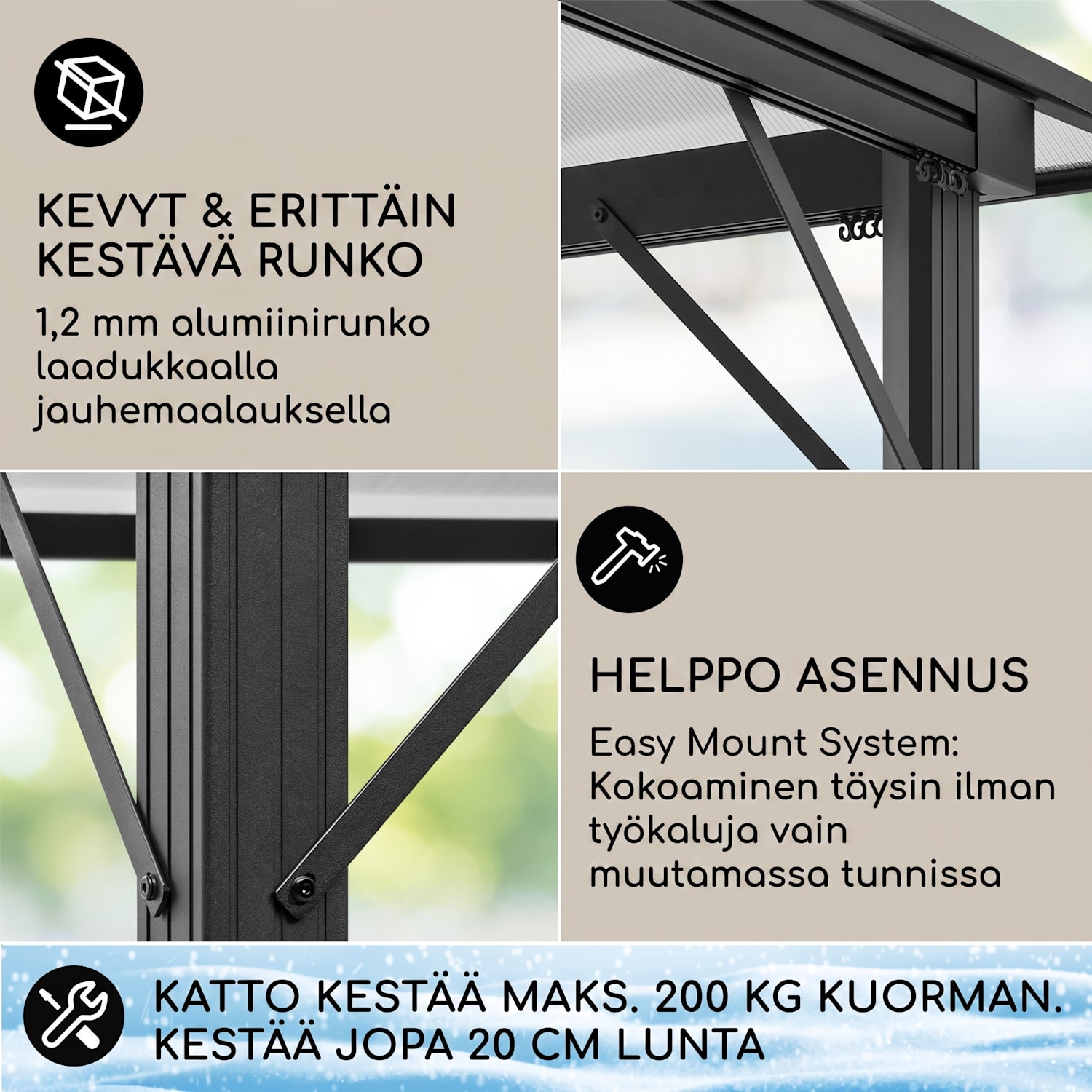 Pantheon Solid Sky Ambient Solar, paviljonki, harmaalla katoksella, 3 x 3 m, polykarbonaattia, alumiinia 3 x 3 m | Harmaa