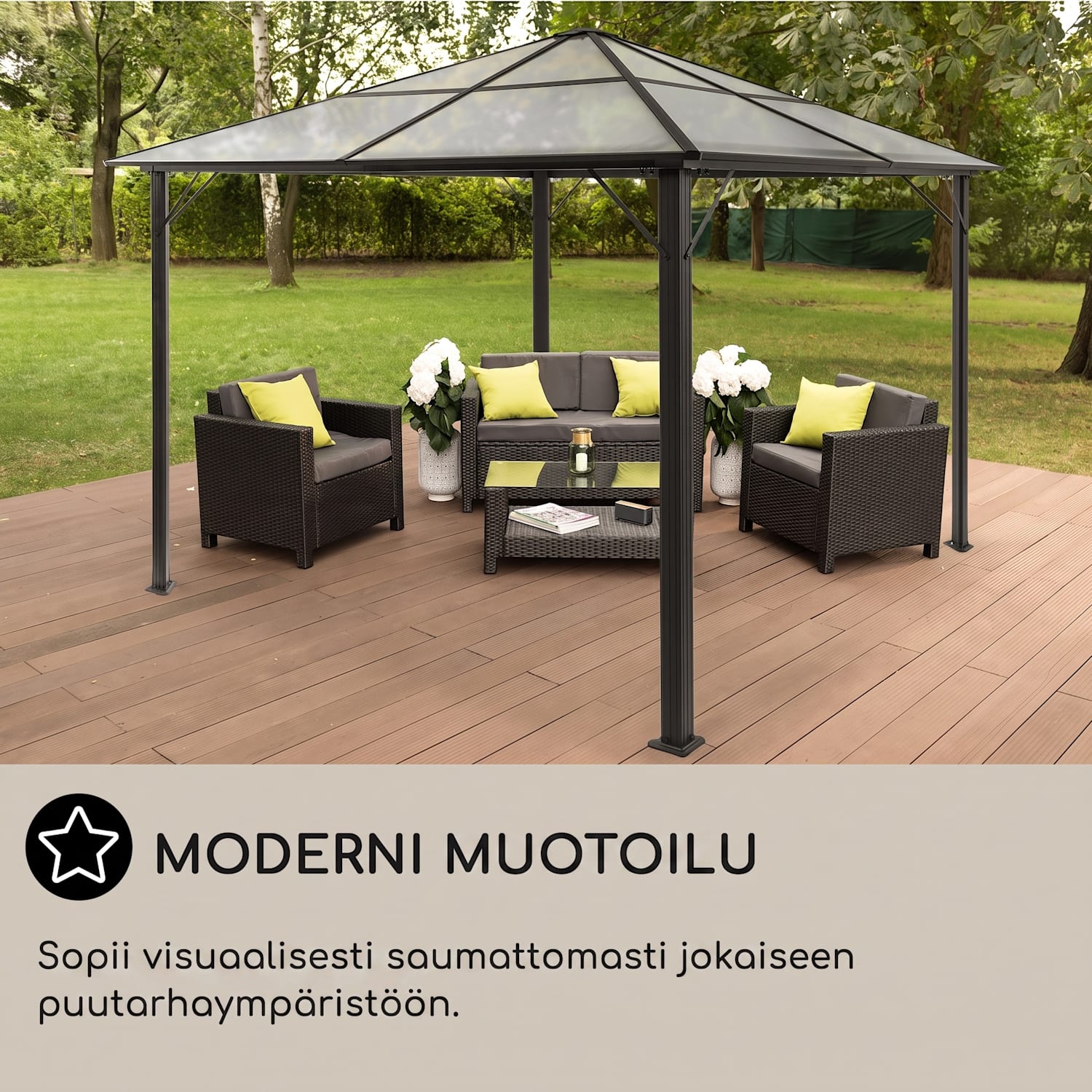 Pantheon Solid Sky Ambient Solar, paviljonki, harmaalla katoksella, 3 x 3 m, polykarbonaattia, alumiinia 3 x 3 m | Harmaa