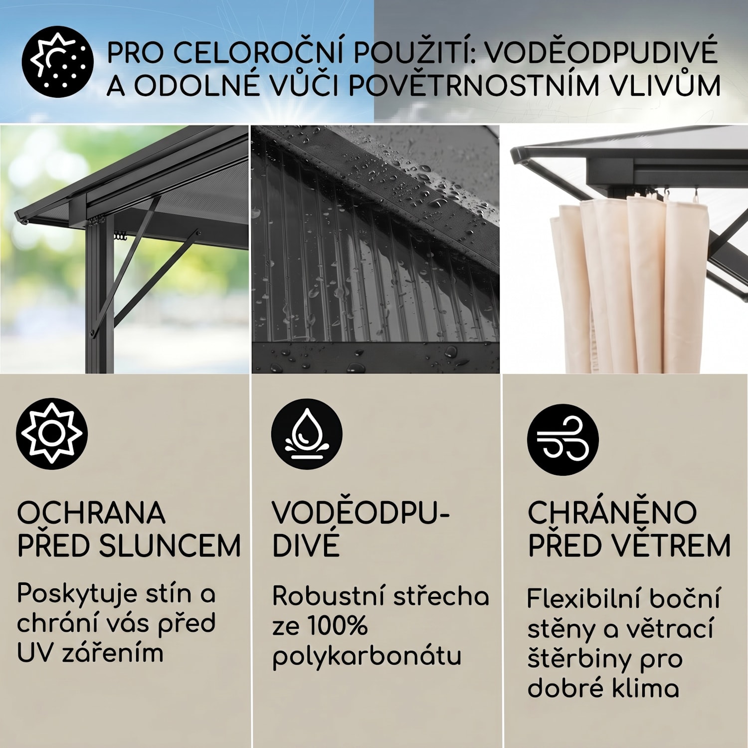 Pantheon Solid Sky Ambient Solar, pavilon s střechou, 3 × 4 m, polykarbonát, hliník, osvětlený 3 x 4 m | Černá