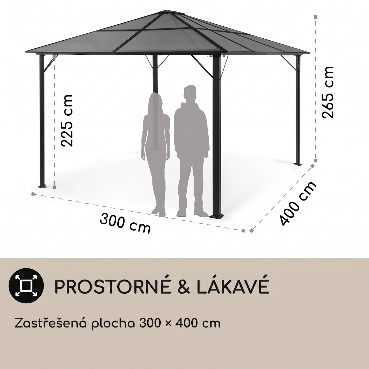 Pantheon Solid Sky Ambient Solar, pavilon s střechou, 3 × 4 m, polykarbonát, hliník, osvětlený 3 x 4 m | Černá