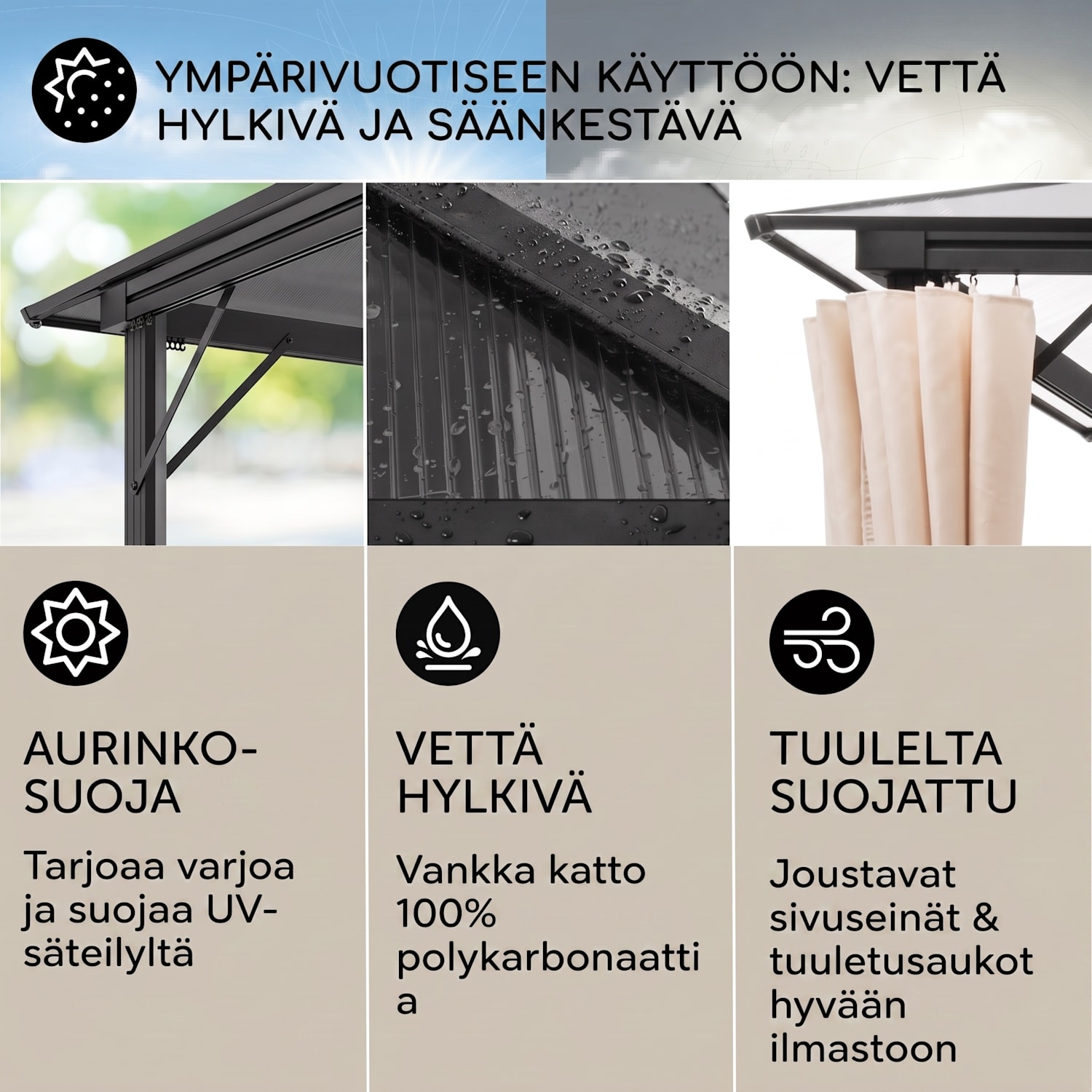Pantheon Solid Sky Ambient Solar, paviljonki, katoksella, 3 x 4 m, polykarbonaattia, alumiinia, valaistu 3 x 4 m | Musta
