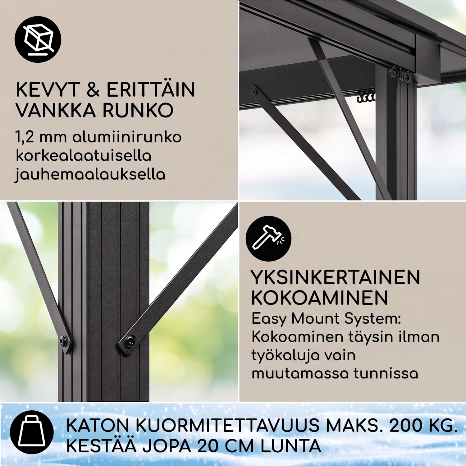 Pantheon Solid Sky Ambient Solar, paviljonki, katoksella, 3 x 4 m, polykarbonaattia, alumiinia, valaistu 3 x 4 m | Musta
