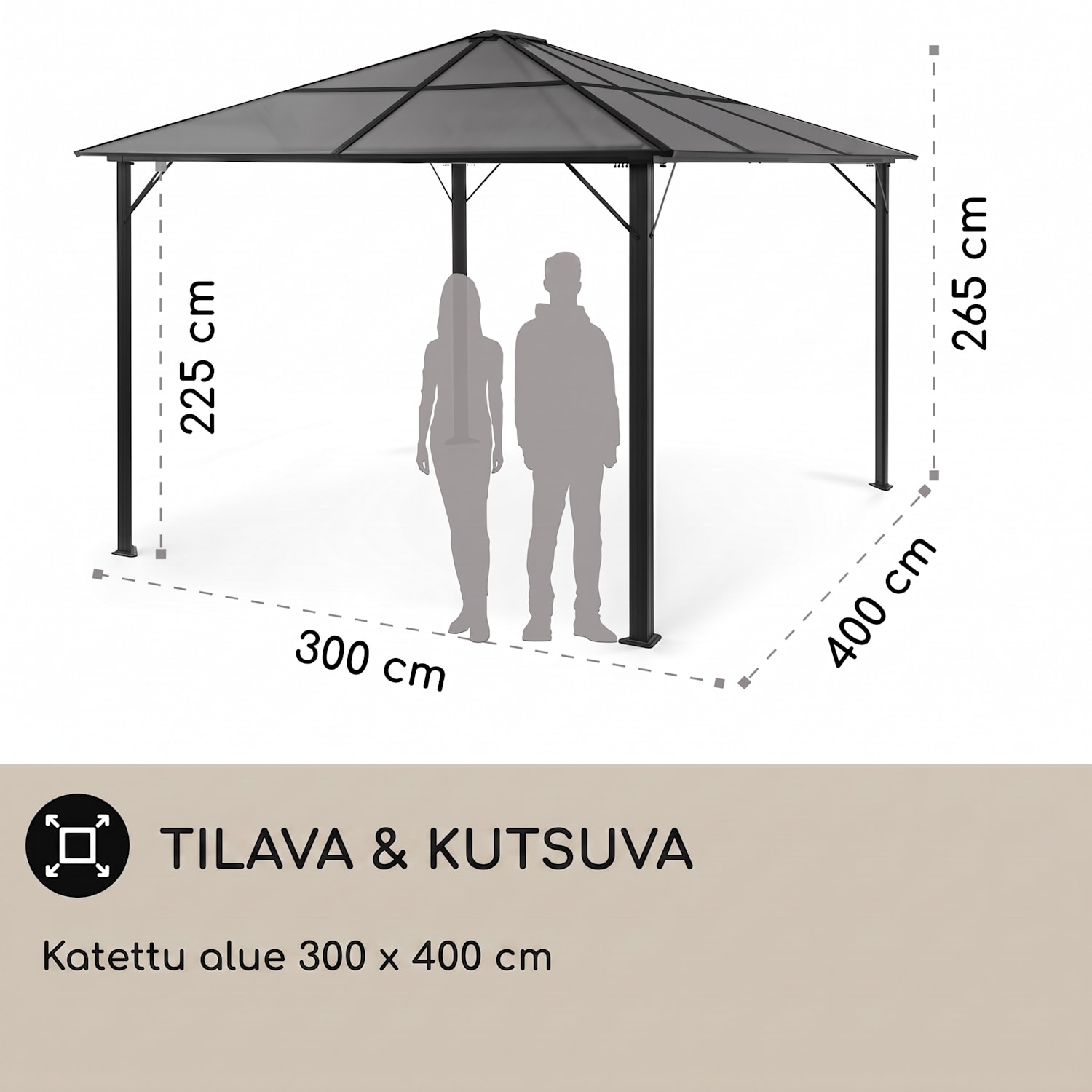 Pantheon Solid Sky Ambient Solar, paviljonki, katoksella, 3 x 4 m, polykarbonaattia, alumiinia, valaistu 3 x 4 m | Musta