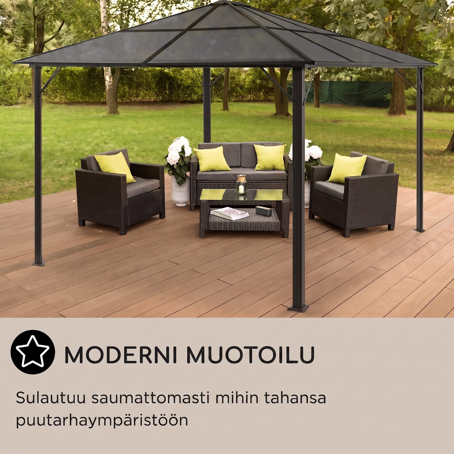 Pantheon Solid Sky Ambient Solar, paviljonki, katoksella, 3 x 4 m, polykarbonaattia, alumiinia, valaistu 3 x 4 m | Musta