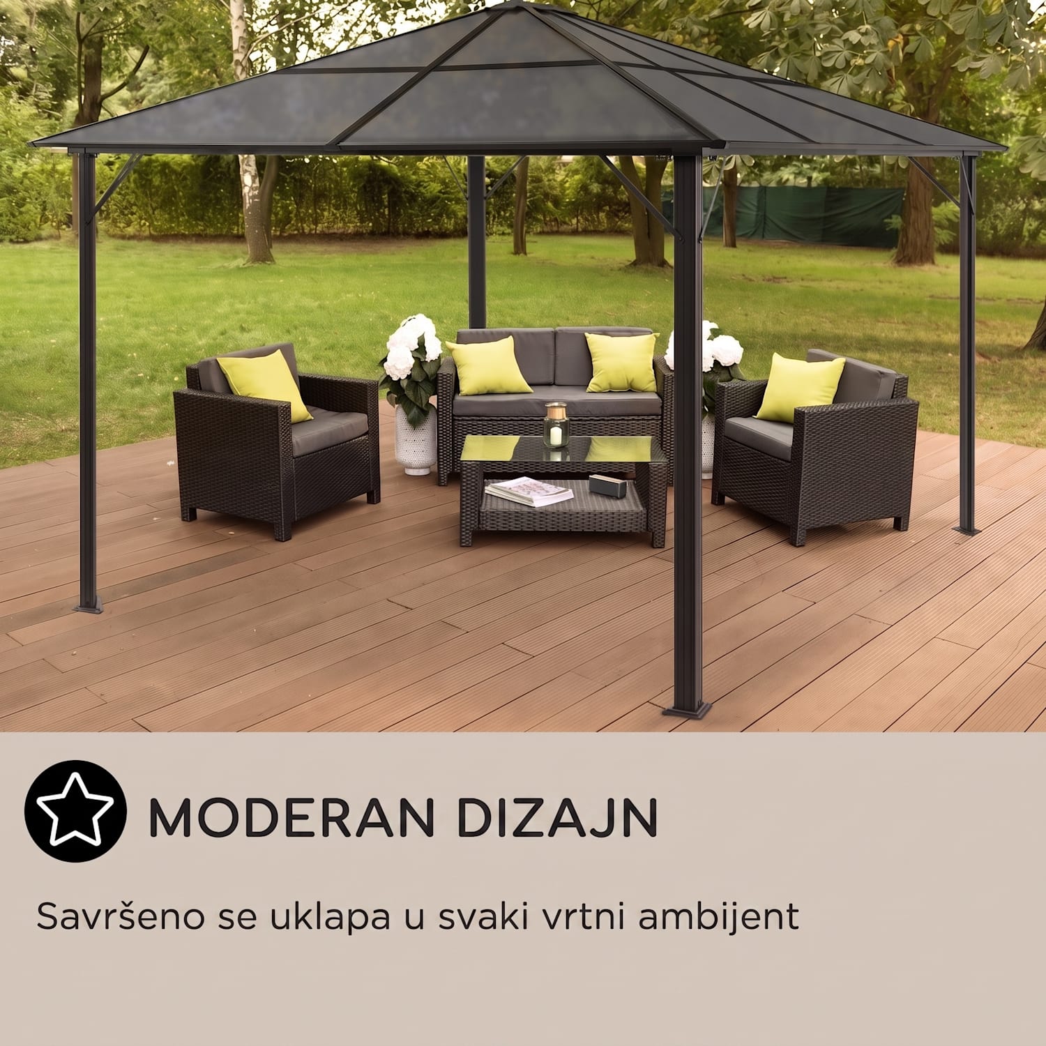 Panteon Solid Sky Ambient Solar, sjenica s nadstrešnicom, 3 × 4 m, polikarbonat, aluminij, osvjetljenje 3 x 4 m | Crna