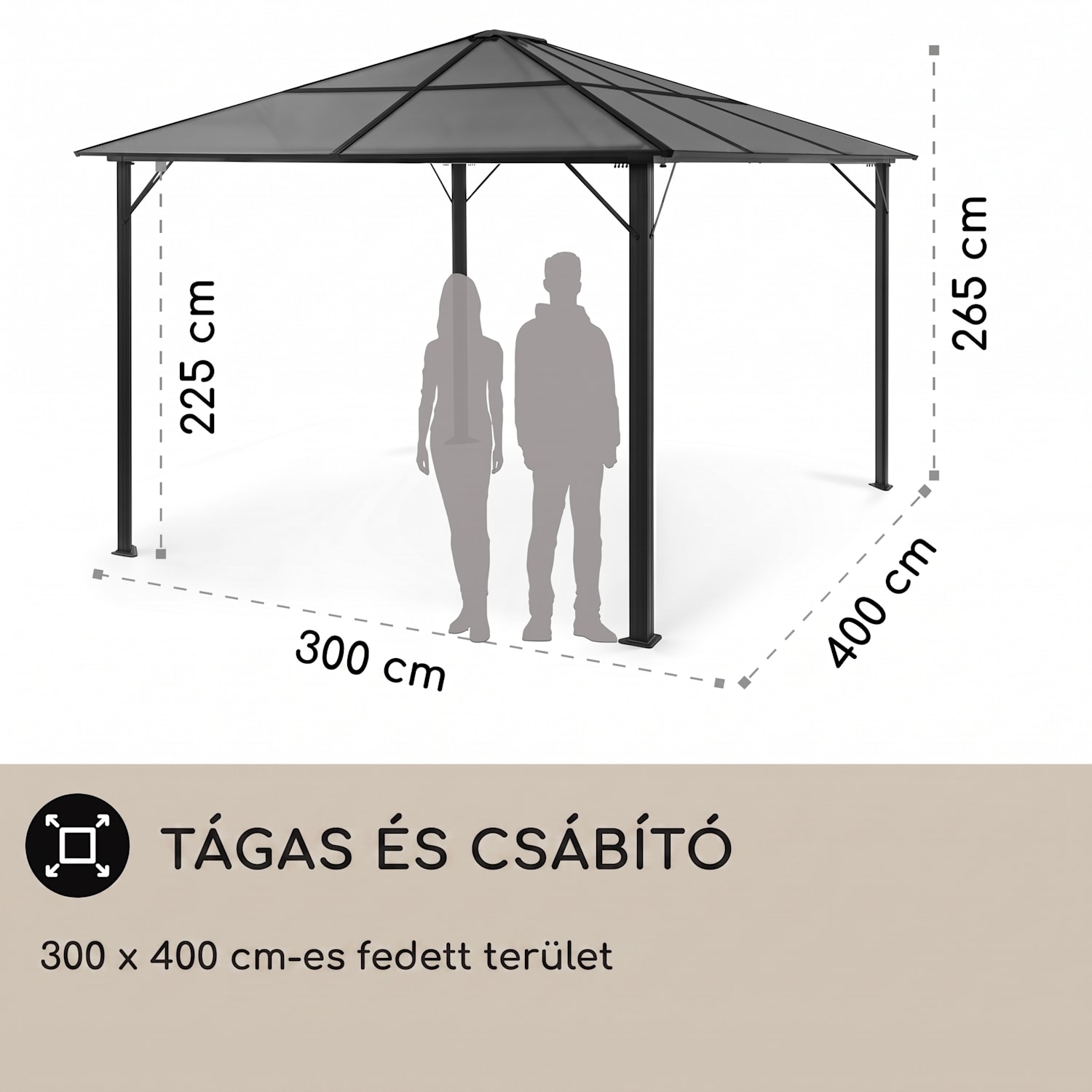 Pantheon Solid Sky Ambient Solar, pavilon tetővel, 3 × 4 m, polikarbonát, alumínium, megvilágított 3 x 4 m | Fekete