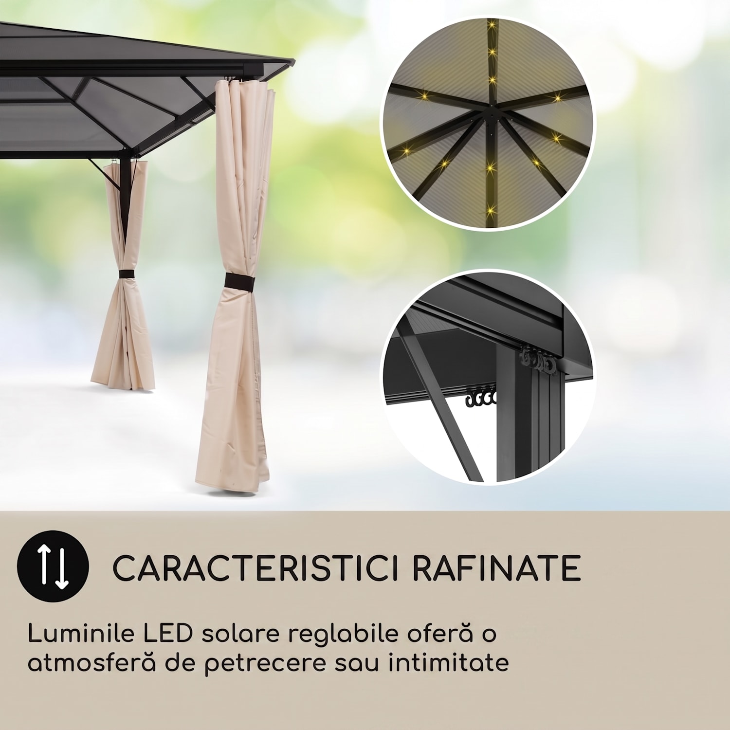 Pantheon Solid Sky Ambient Solar, pavilion cu acoperiș, 3 × 4 m, policarbonat, aluminiu, iluminat 3 x 4 m | Negru
