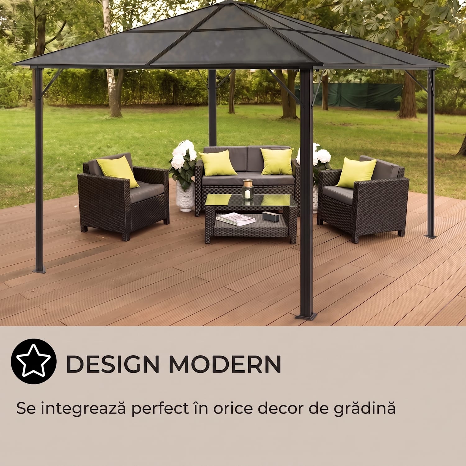 Pantheon Solid Sky Ambient Solar, pavilion cu acoperiș, 3 × 4 m, policarbonat, aluminiu, iluminat 3 x 4 m | Negru