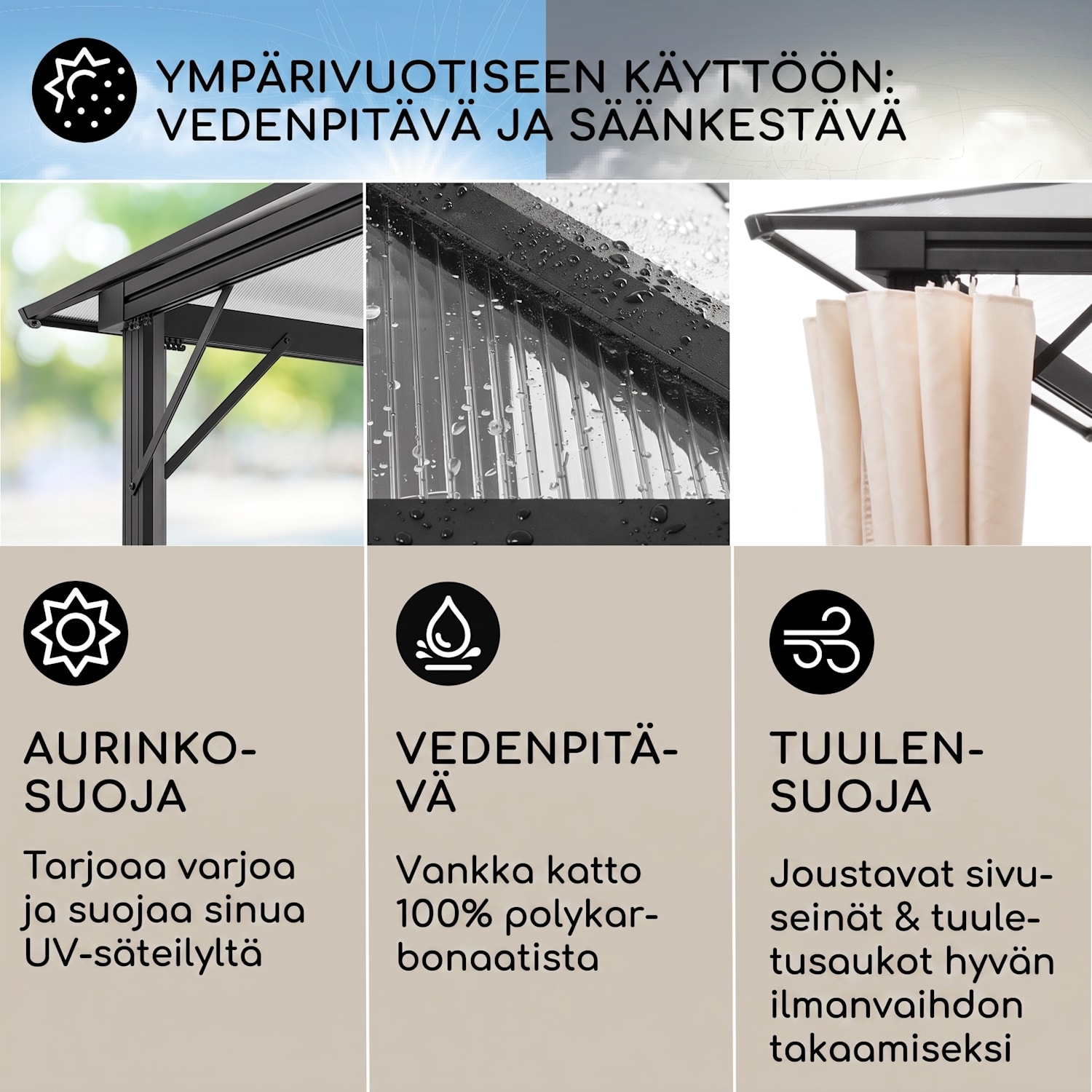 Pantheon Solid Sky Ambient Solar, paviljonki, katoksella, 3 x 4 m, polykarbonaattia, alumiinia, valaistu 3 x 4 m | Läpinäkyvä