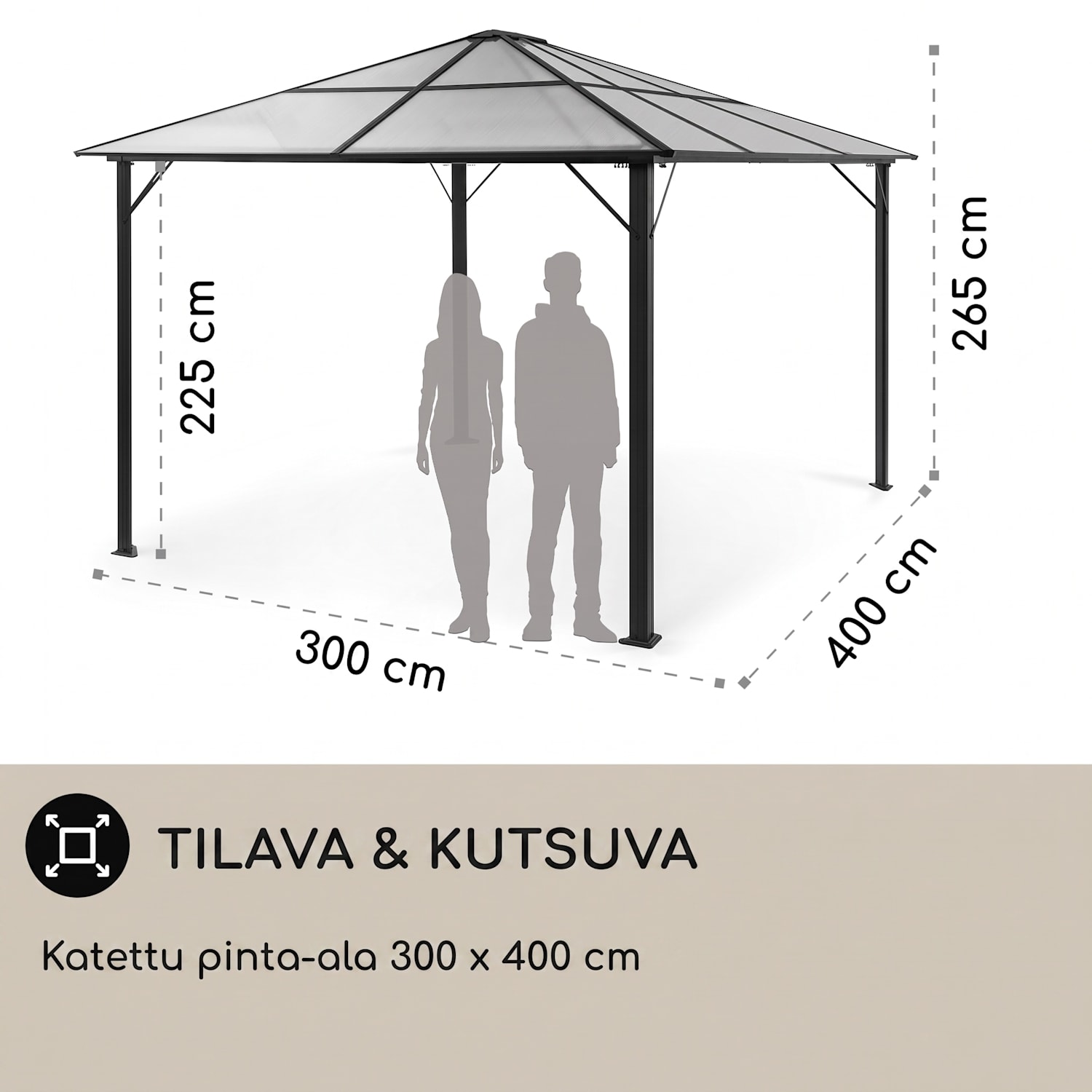 Pantheon Solid Sky Ambient Solar, paviljonki, katoksella, 3 x 4 m, polykarbonaattia, alumiinia, valaistu 3 x 4 m | Läpinäkyvä