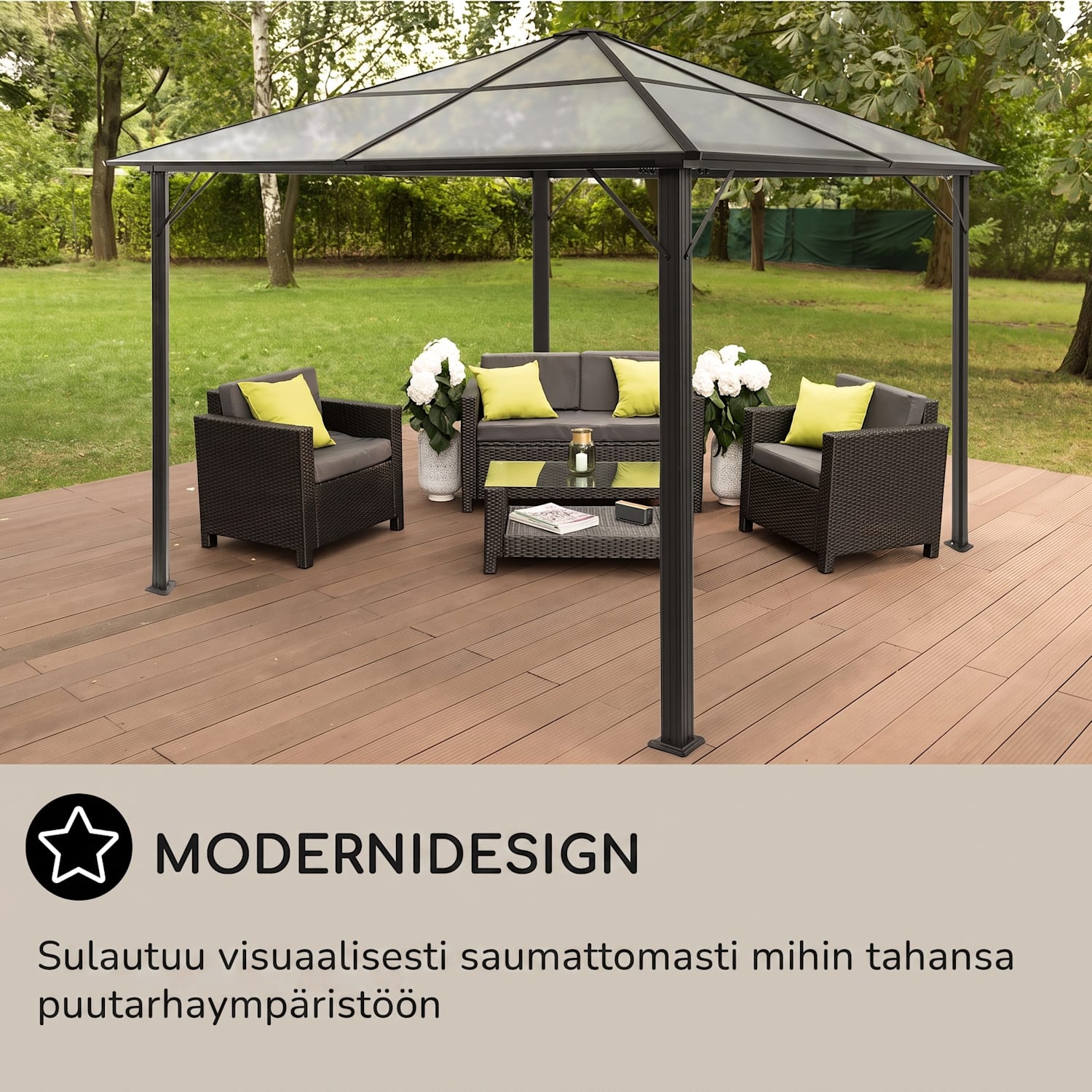 Pantheon Solid Sky Ambient Solar, paviljonki, katoksella, 3 x 4 m, polykarbonaattia, alumiinia, valaistu 3 x 4 m | Läpinäkyvä