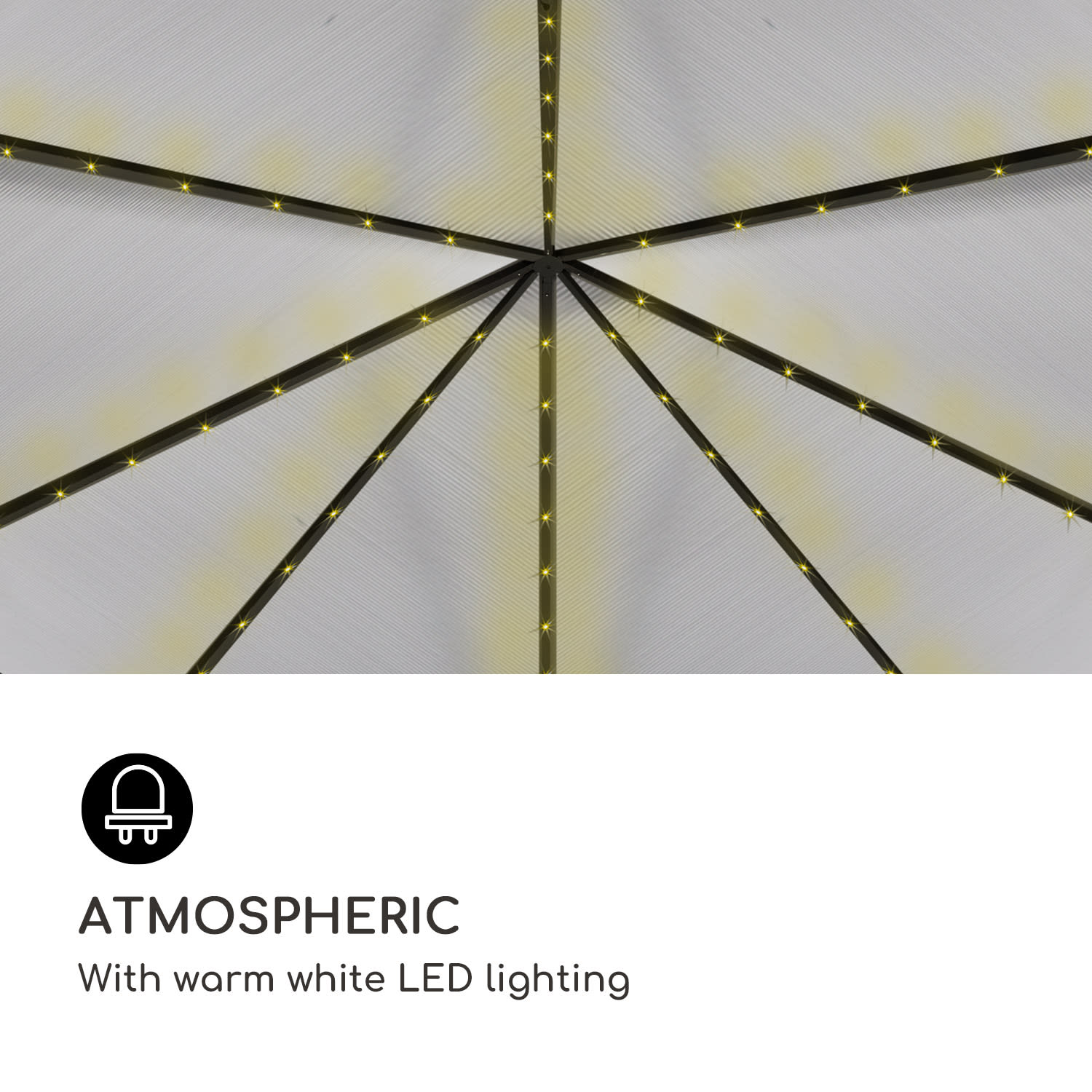 Pantheon, Solid Sky Ambient Solar Pavilion, with roof, 3x4m, polycarbonate aluminium, illuminated 